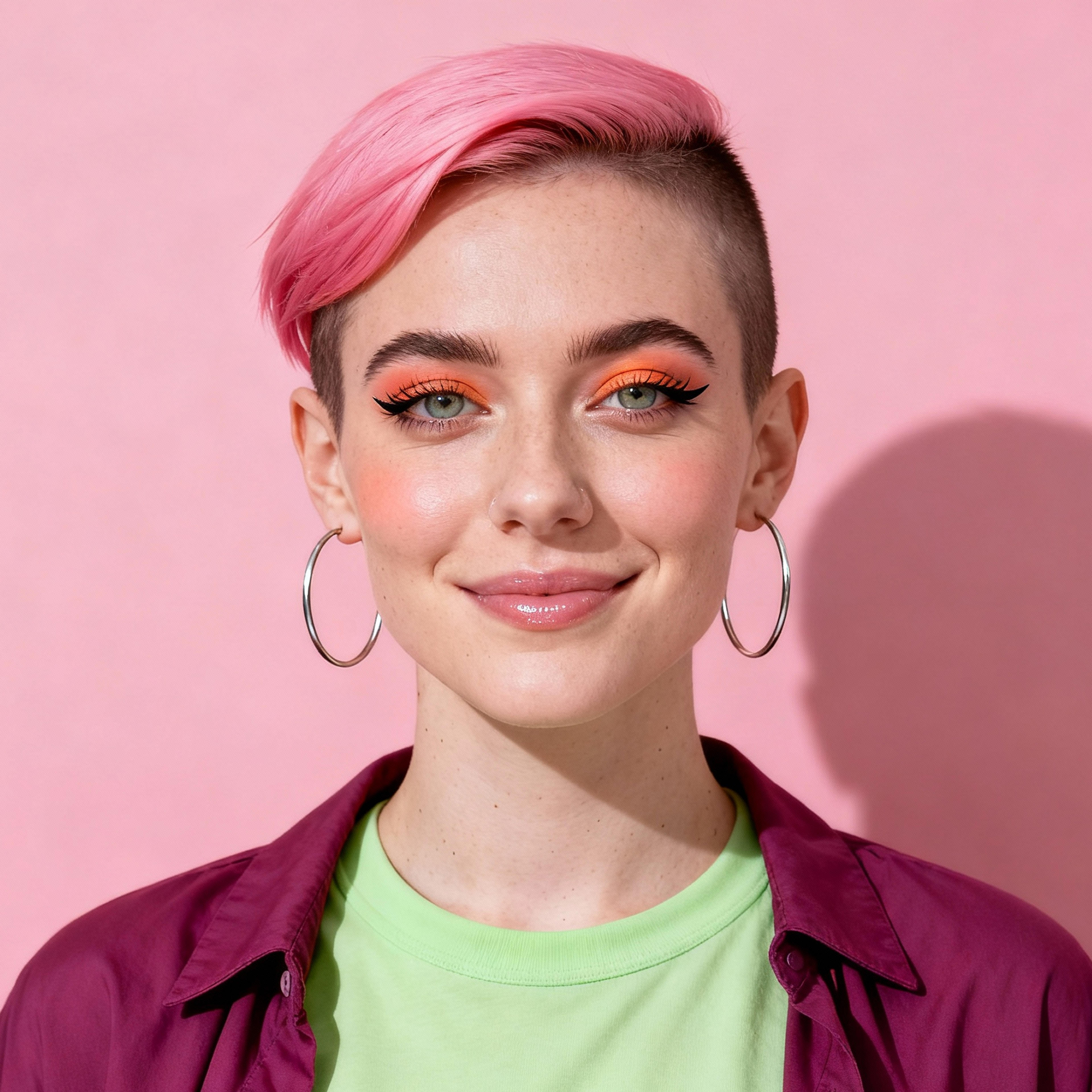 AI-generated portrait of a young person with short pink hair and shaved sides, wearing hoop earrings and a casual layered outfit, posed with a soft smile against a pink studio background in bright light.