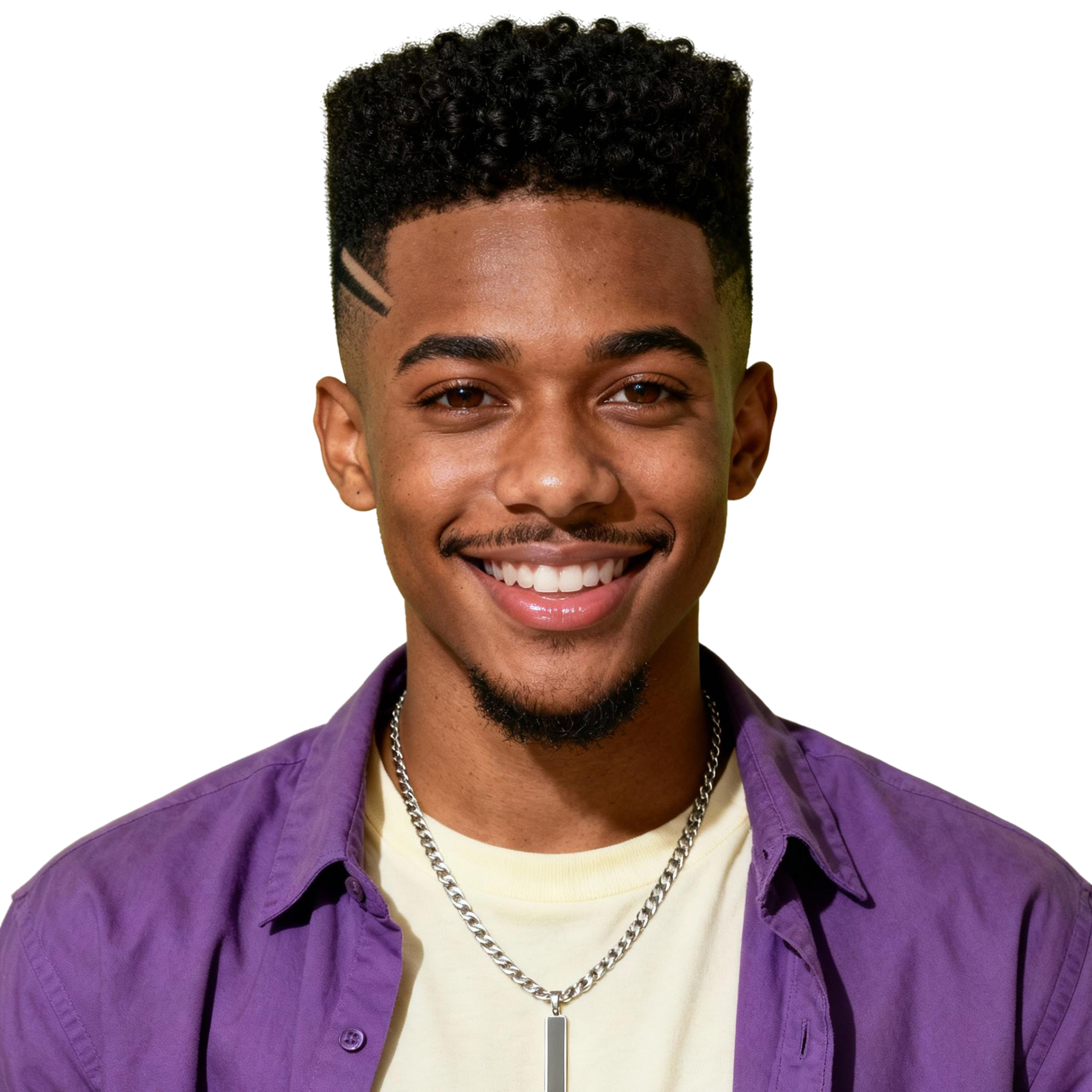 AI-generated portrait of a young man with a high-top fade and trimmed facial hair, wearing a casual shirt and chain necklace, posed with a friendly smile against a transparent background in even light.