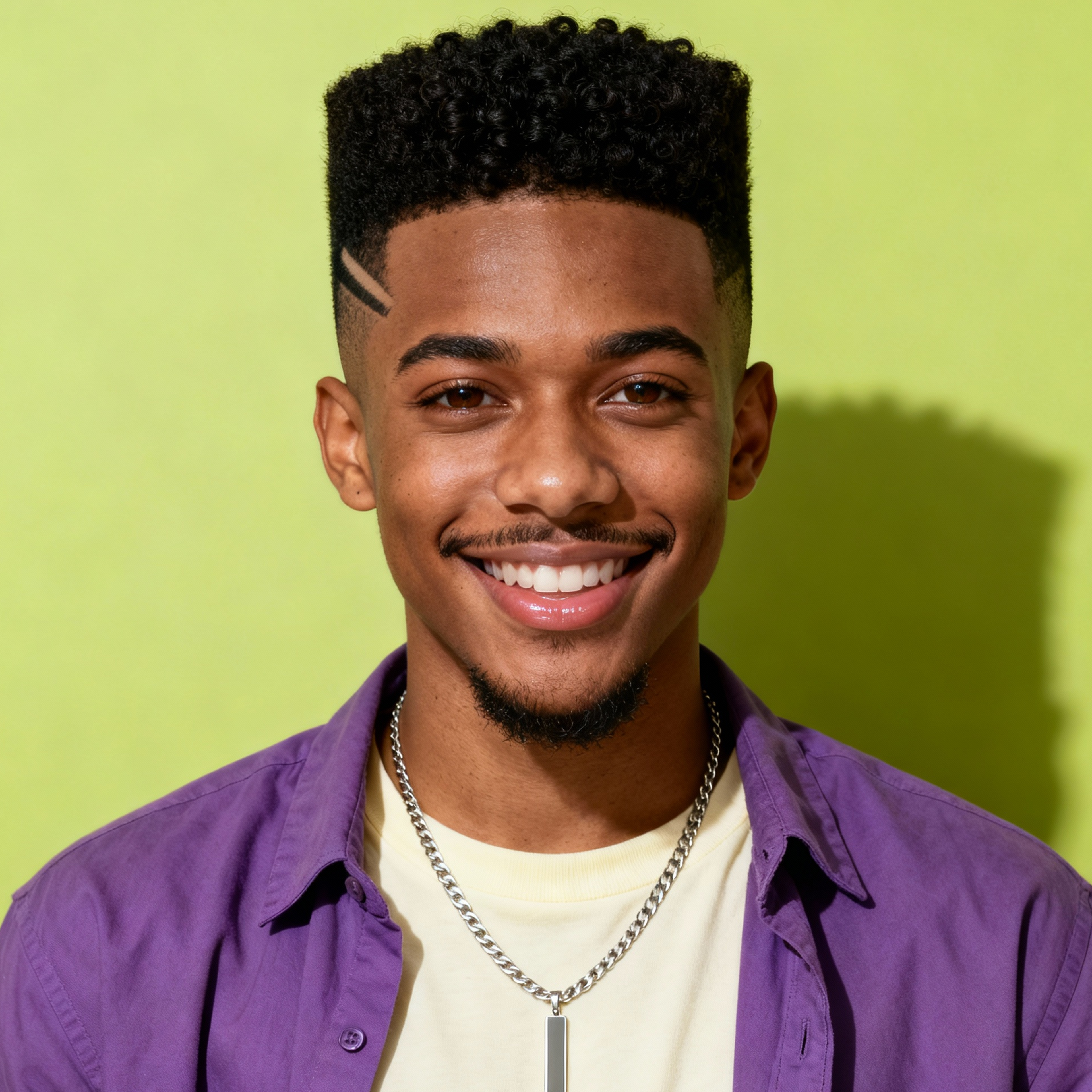 AI-generated portrait of a young man with a high-top fade and trimmed facial hair, wearing a casual shirt and chain necklace, posed with a friendly smile against a light green studio background in even light.