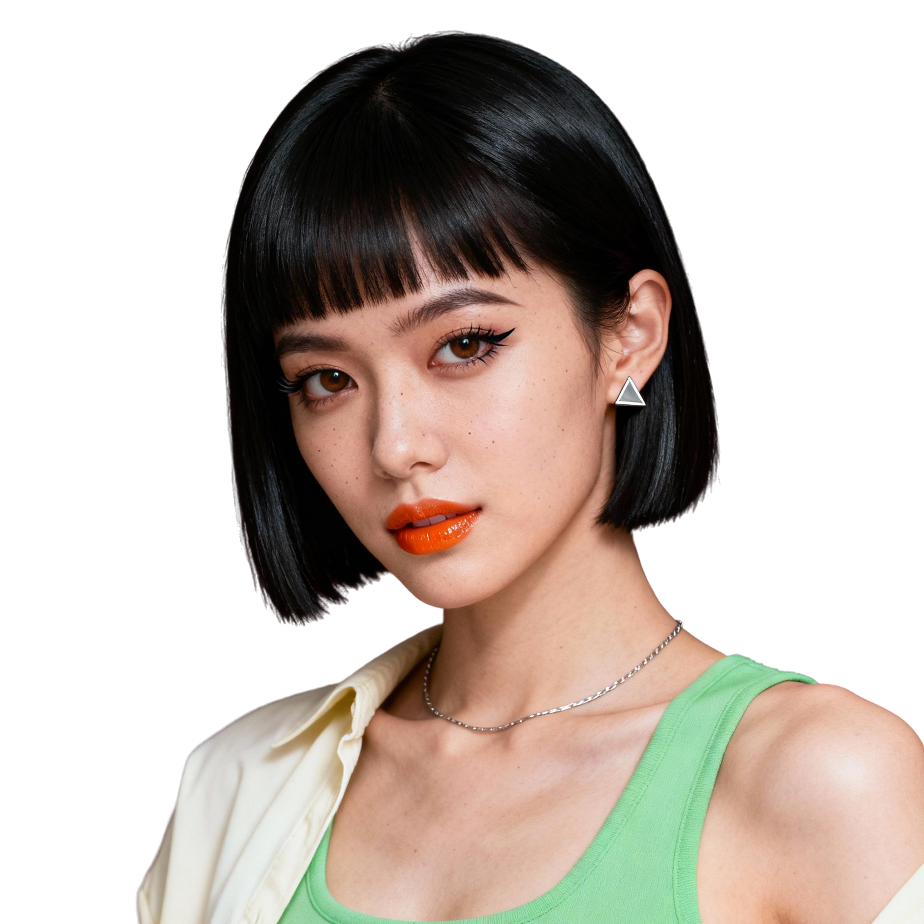 AI-generated portrait of a young woman with a blunt bob haircut and straight bangs, wearing small geometric earrings and a sleeveless top, posed with a composed expression against a transparent background in directional light.