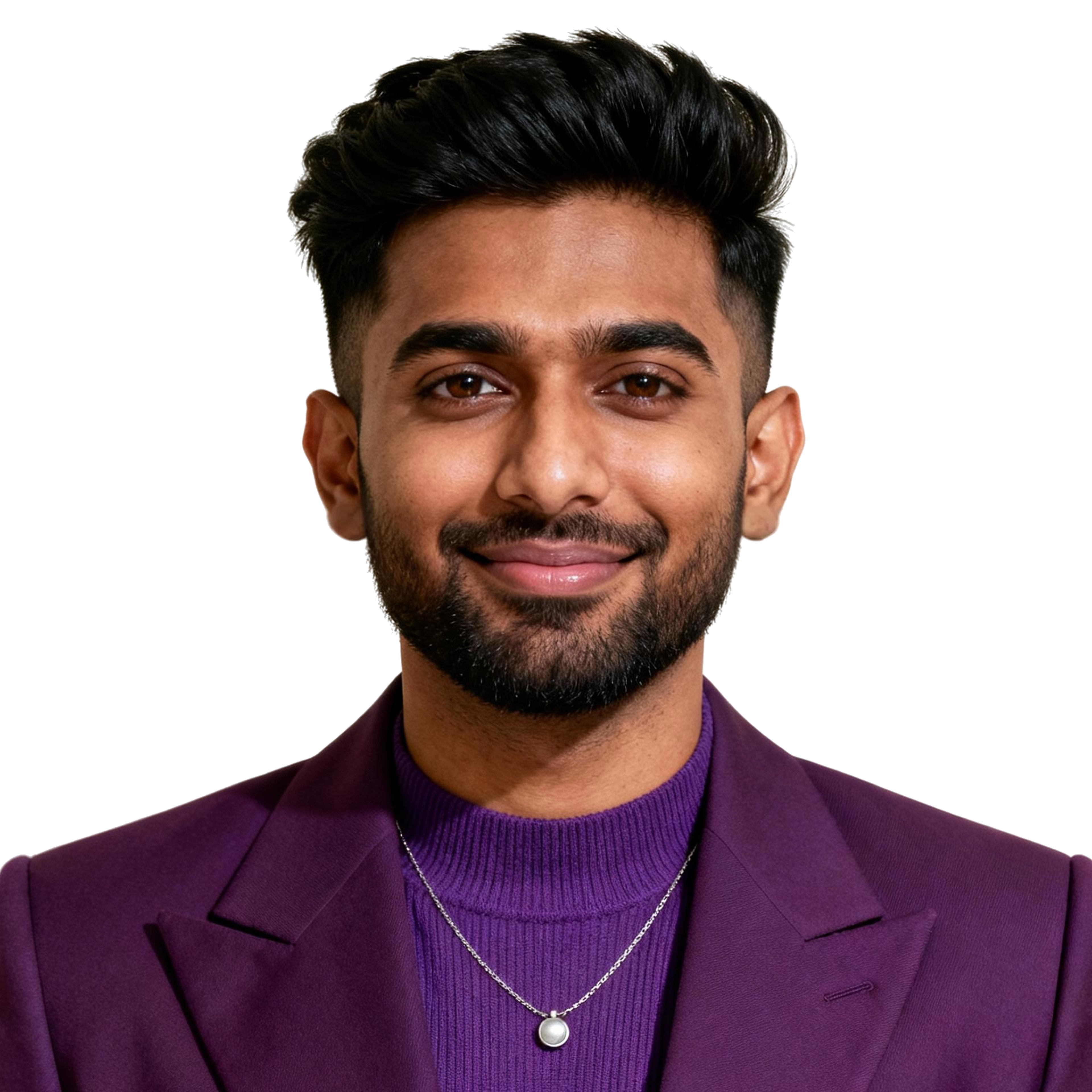 AI-generated portrait of a young man with styled dark hair and trimmed facial hair, wearing a blazer over a knit top and a necklace, posed with a relaxed smile against a transparent background in even light.