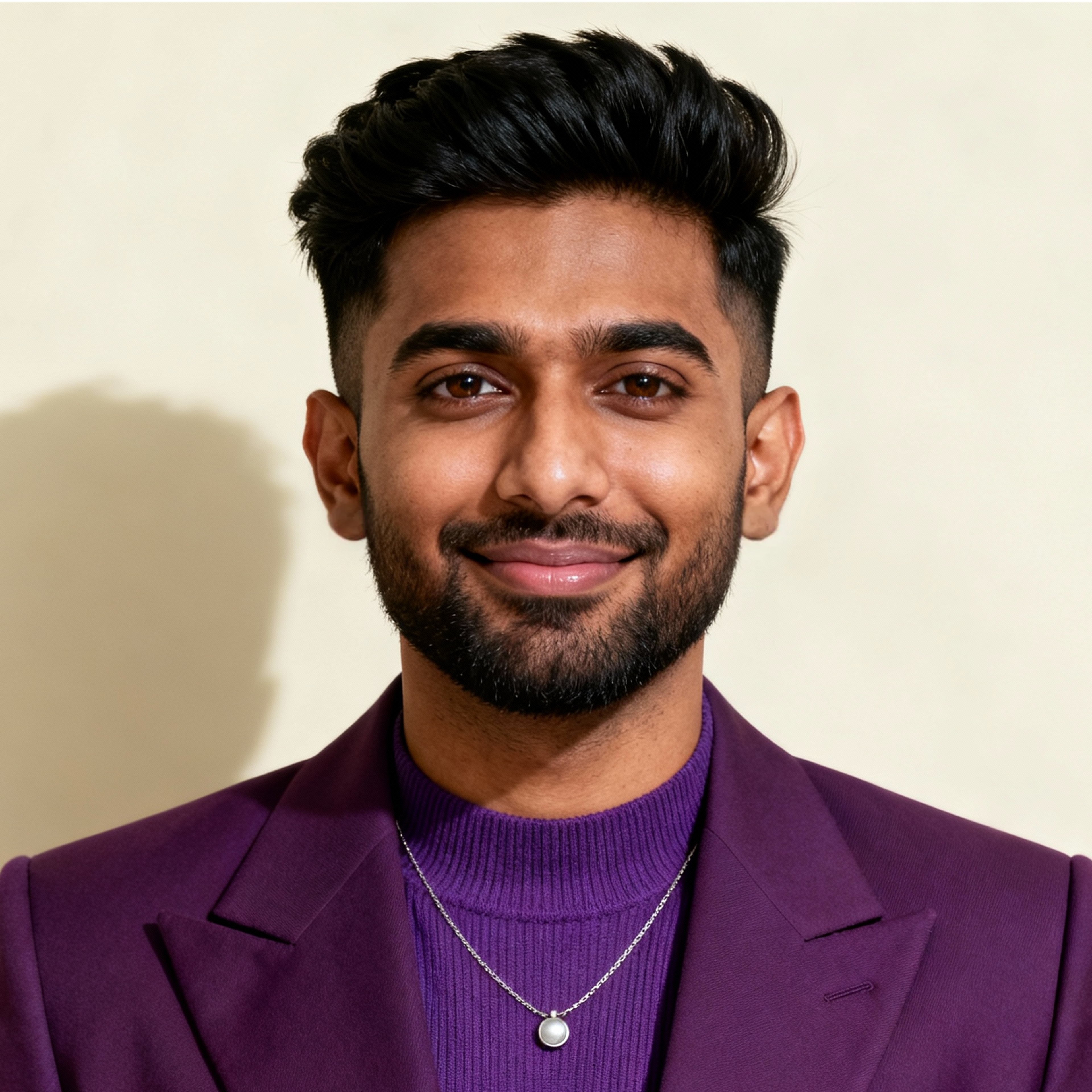 AI-generated portrait of a young man with styled dark hair and trimmed facial hair, wearing a blazer over a knit top and a necklace, posed with a relaxed smile against a light studio background in even light.