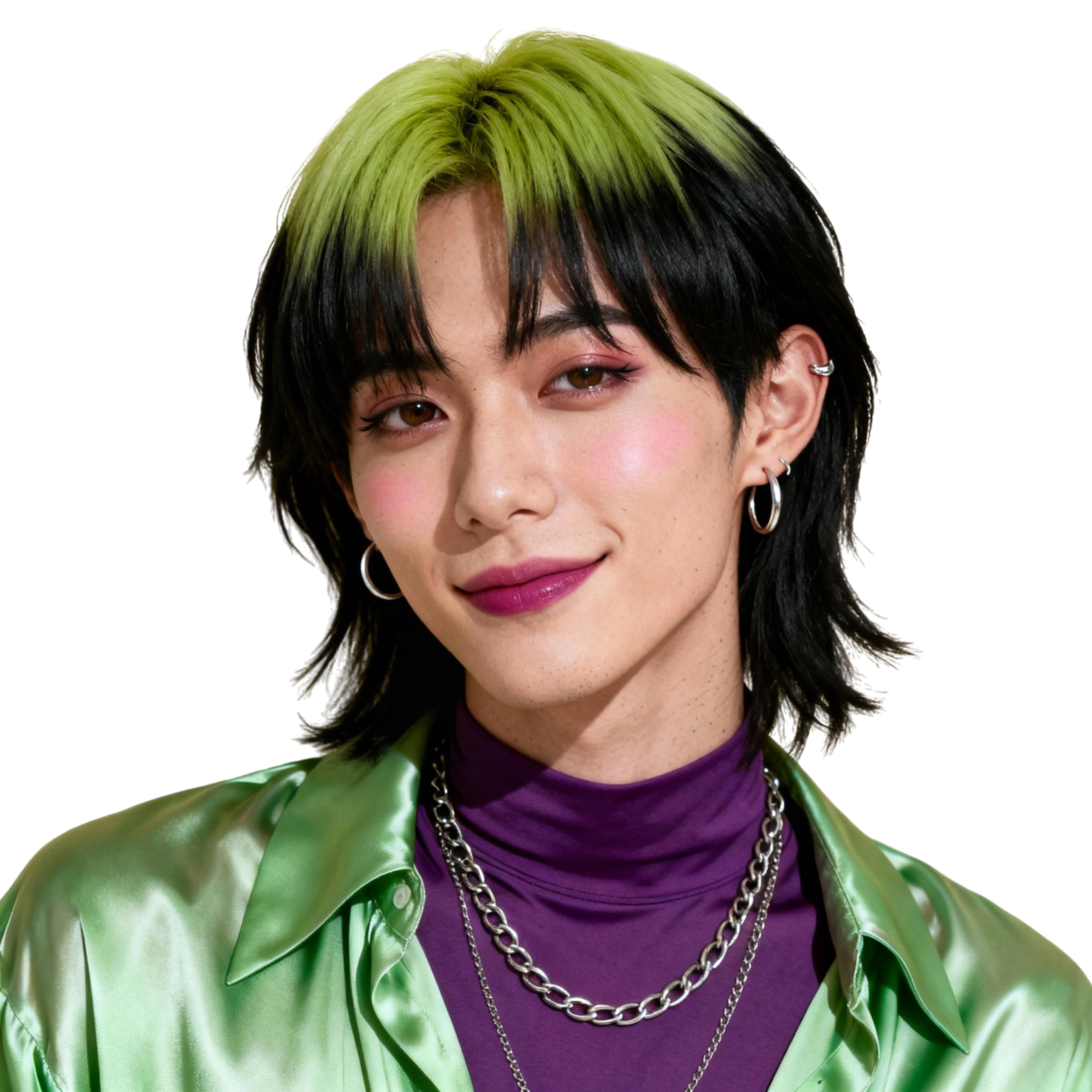 AI-generated portrait of a young person with layered black hair and green highlights, wearing hoop earrings, layered chains, and a satin shirt, posed with a soft smile against a transparent background in mixed light.