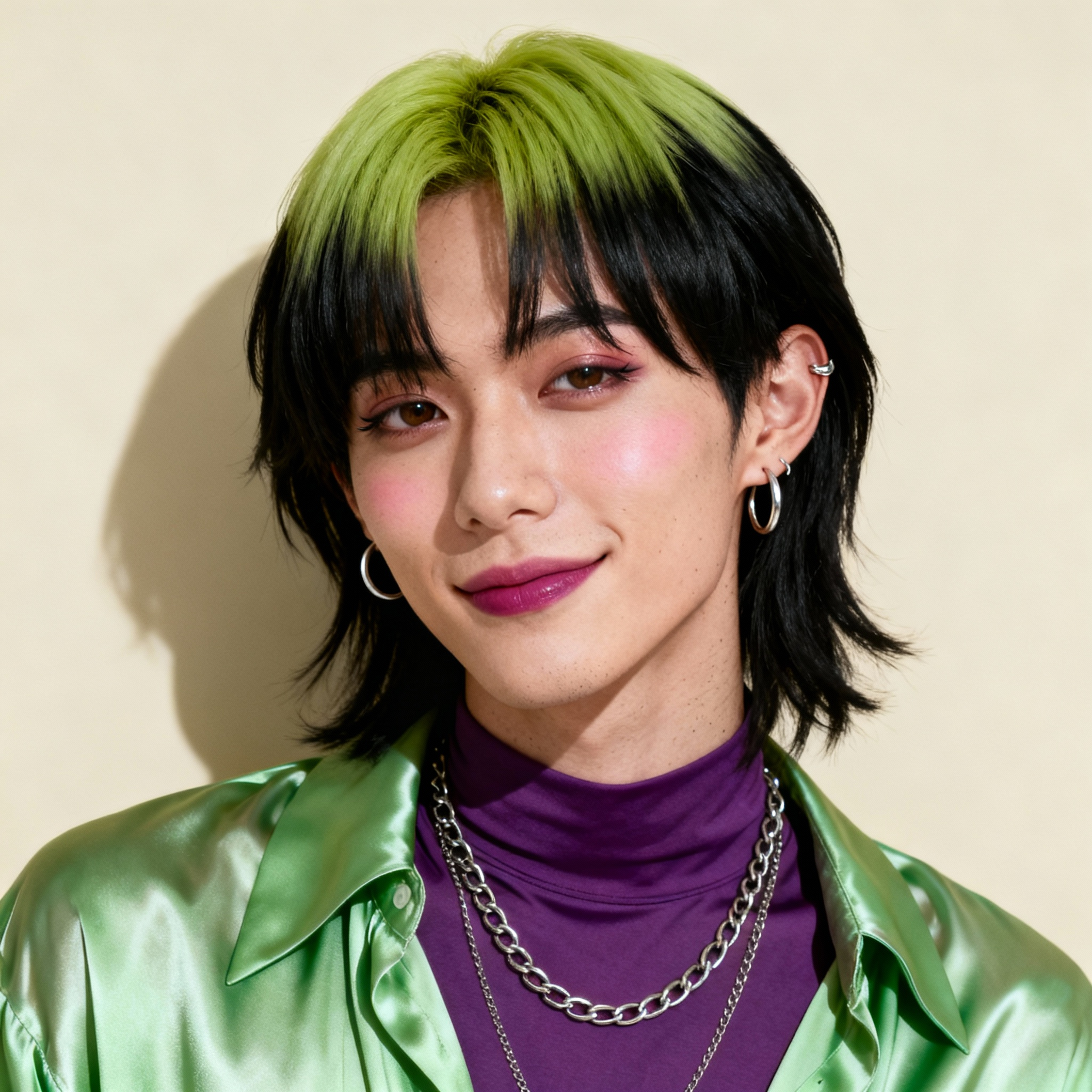 AI-generated portrait of a young person with layered black hair and green highlights, wearing hoop earrings, layered chains, and a satin shirt, posed with a soft smile against a light studio background in mixed light.