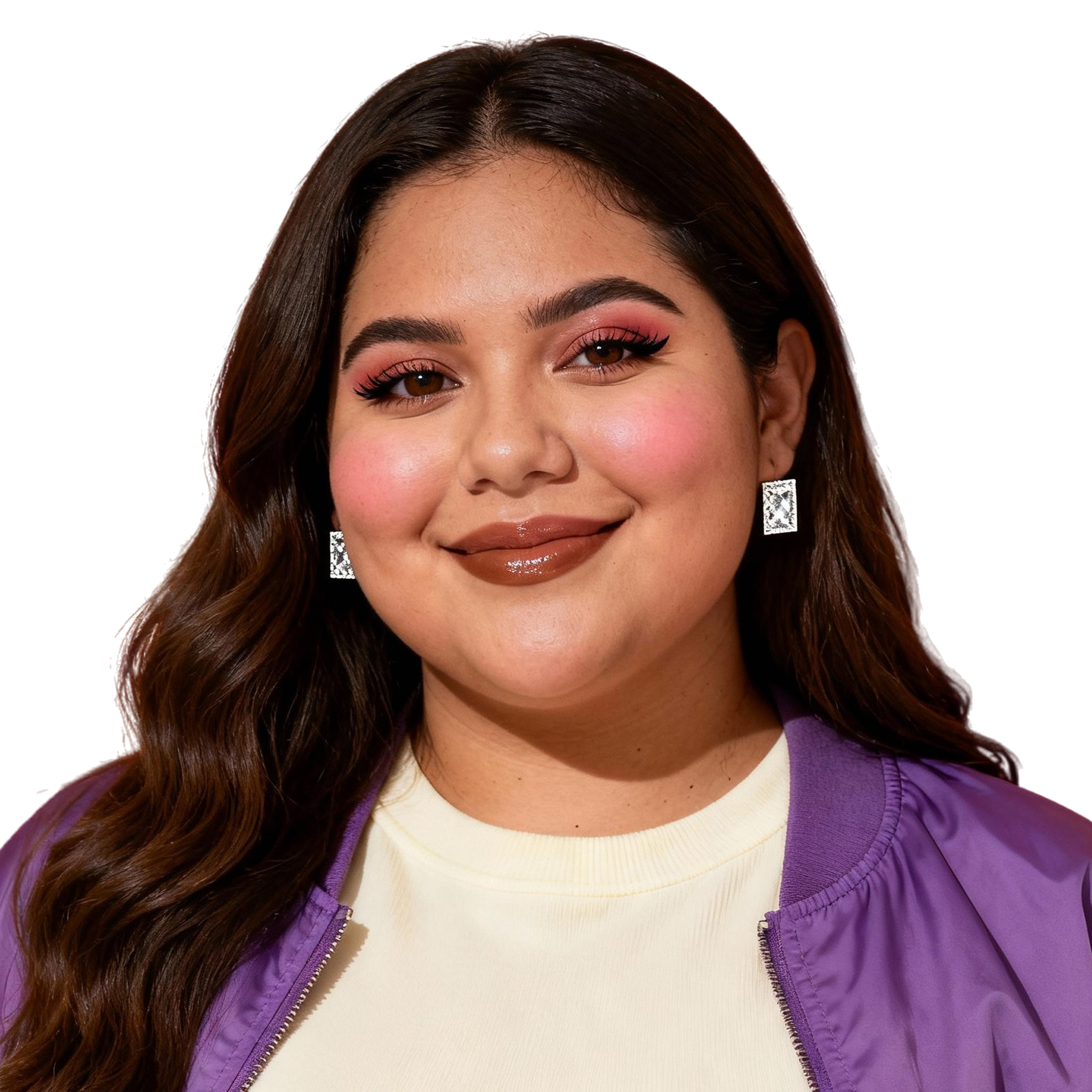 AI-generated portrait of a young woman with long softly waved hair, wearing square earrings and a casual jacket over a top, posed with a gentle smile against a transparent background in even light.