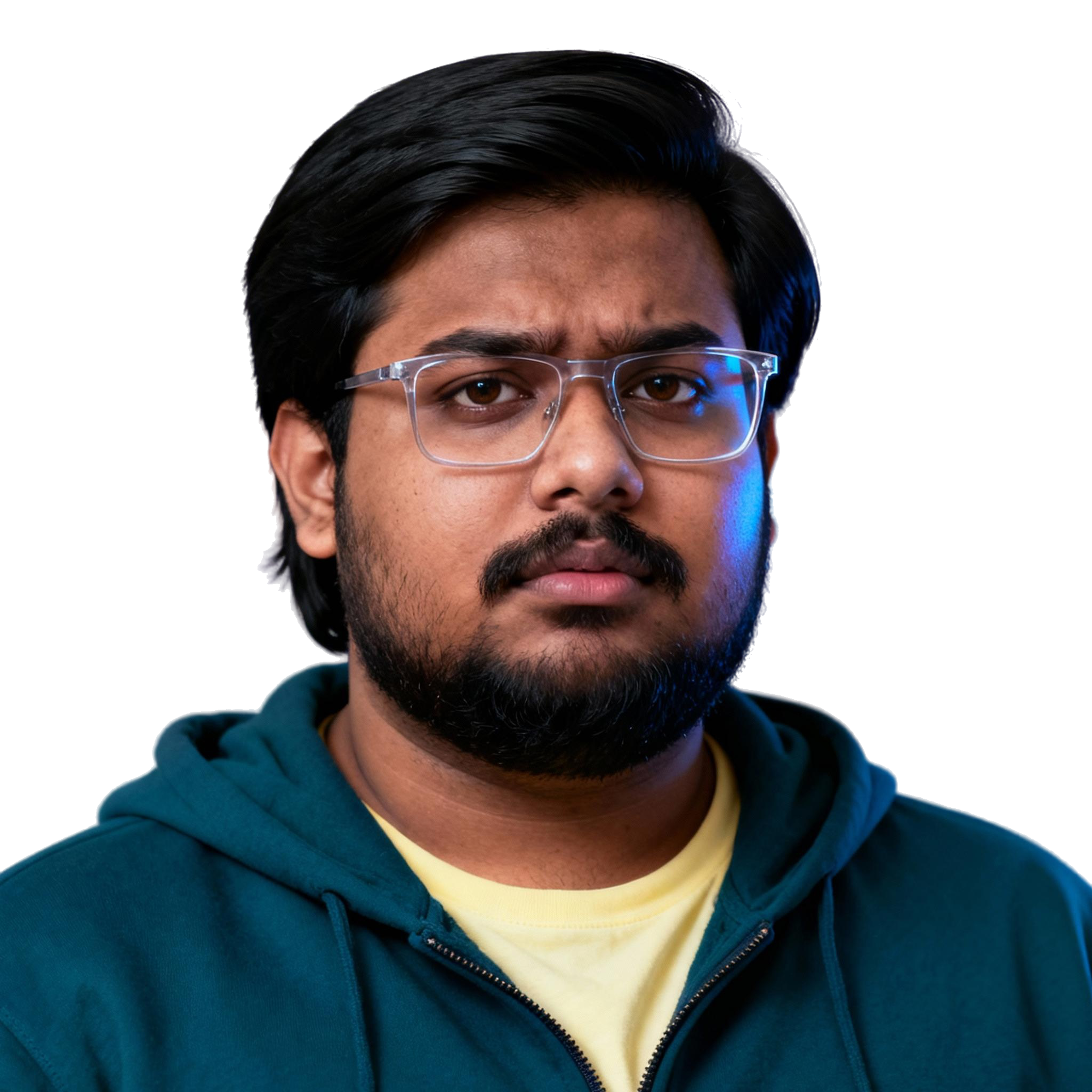 AI-generated portrait of a young man with medium-length hair, glasses, and light facial hair, wearing a hoodie over a T-shirt, posed with a serious expression against a transparent background in soft light.