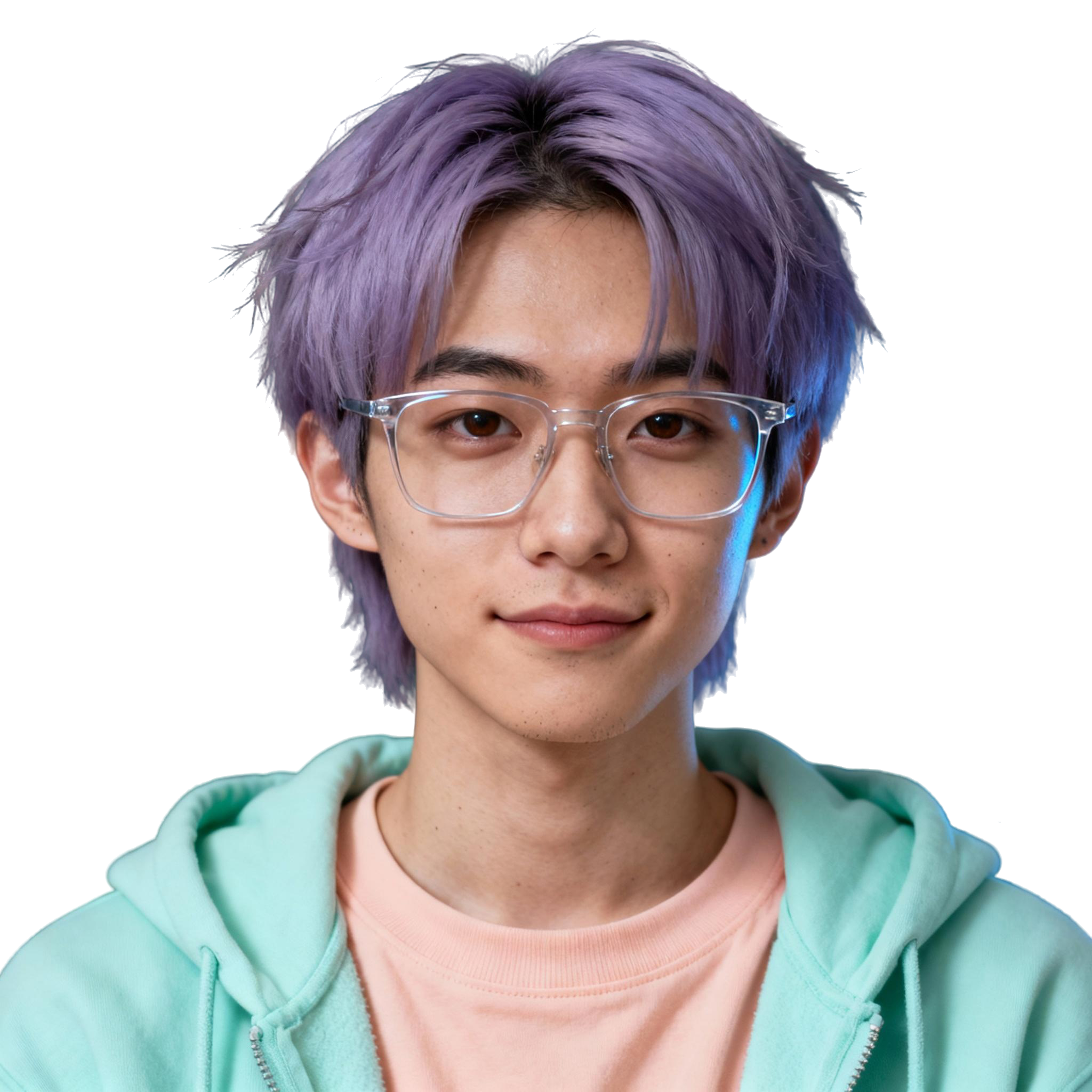 AI-generated portrait of a young person with short lavender hair and glasses, wearing a hoodie and T-shirt, posed with a neutral expression against a transparent background with soft light.