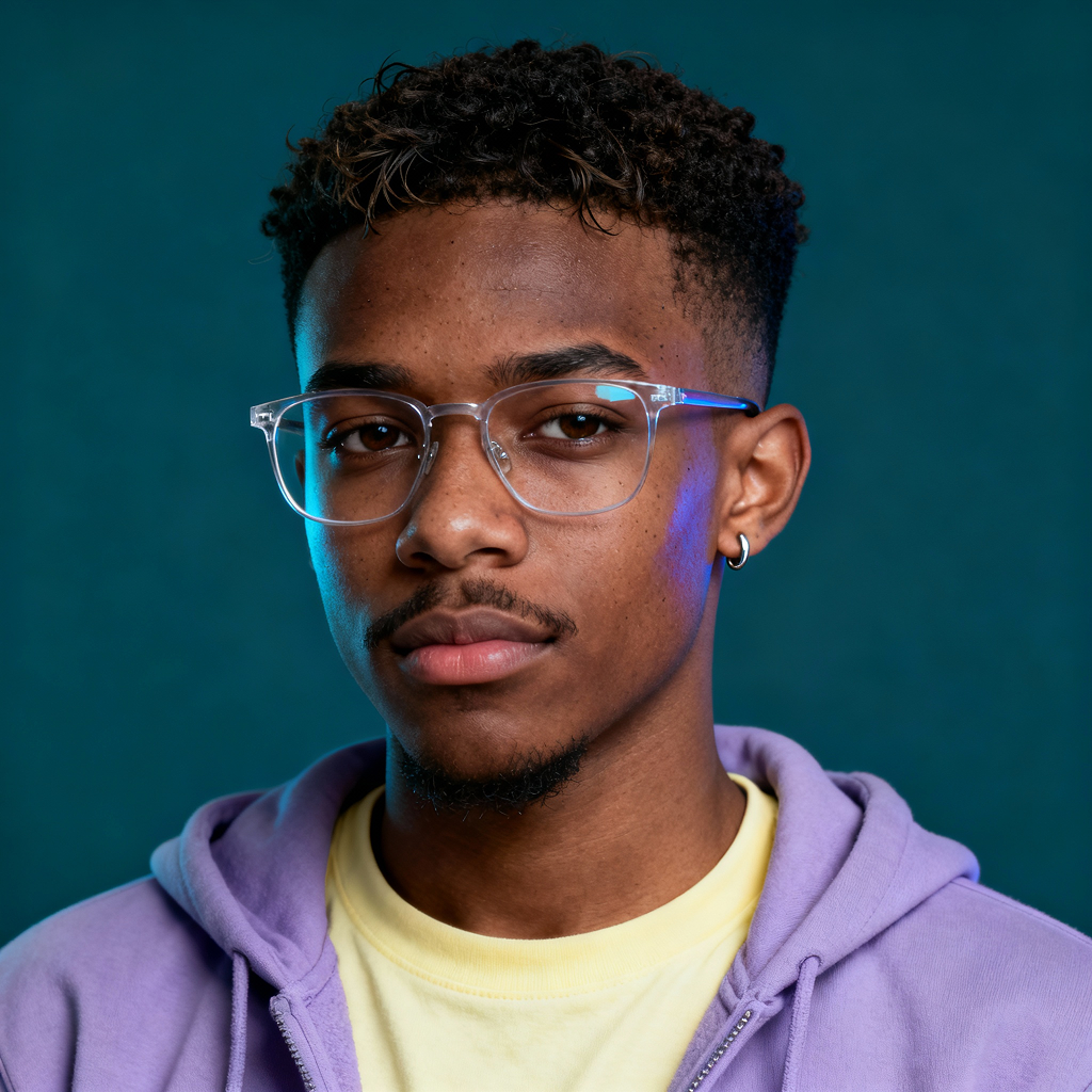 AI-generated portrait of a young man with short curly hair and glasses, wearing a hoodie over a T-shirt, posed with a neutral expression against a teal indoor background in soft light.