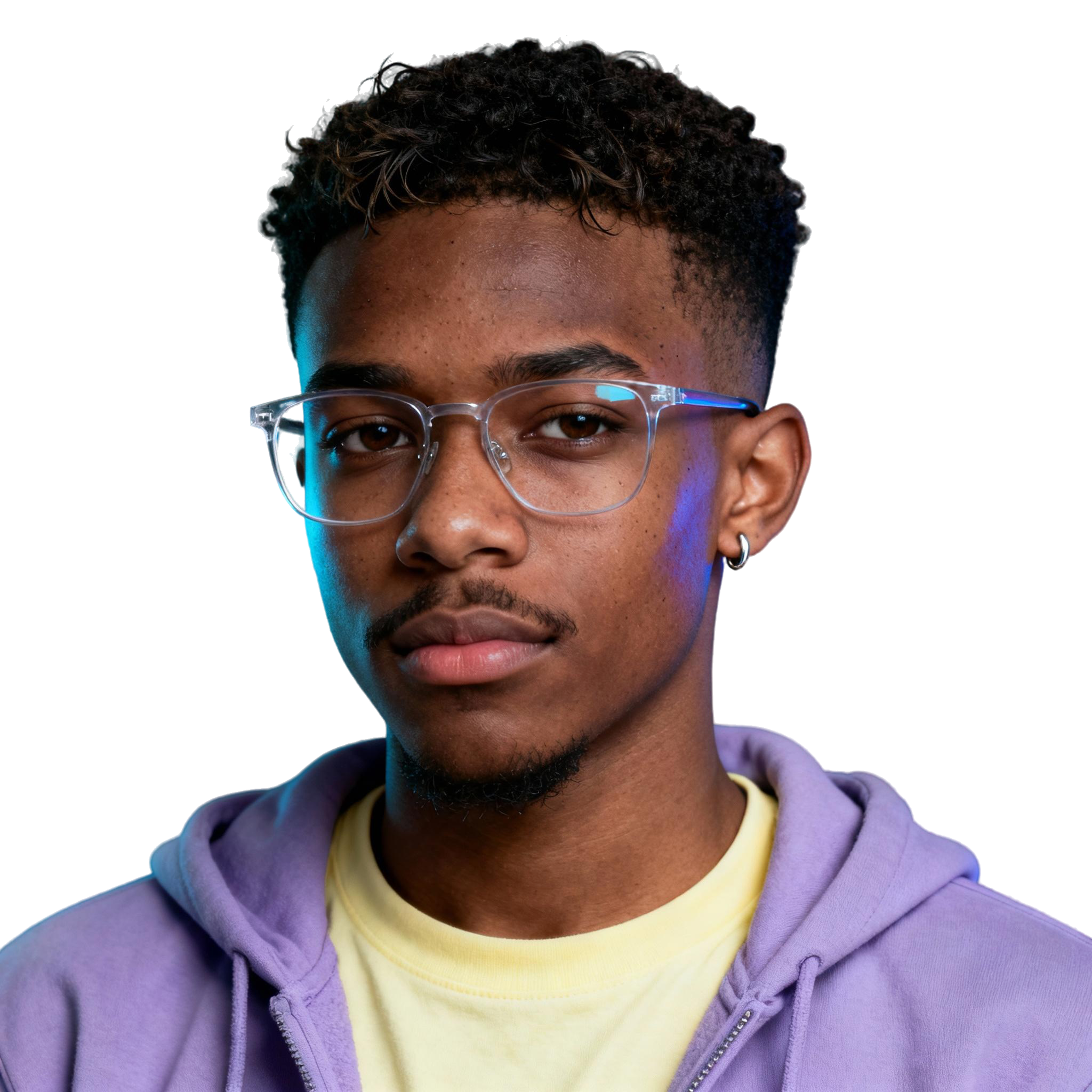 AI-generated portrait of a young man with short curly hair and glasses, wearing a hoodie over a T-shirt, posed with a neutral expression against a transparent background in soft light.
