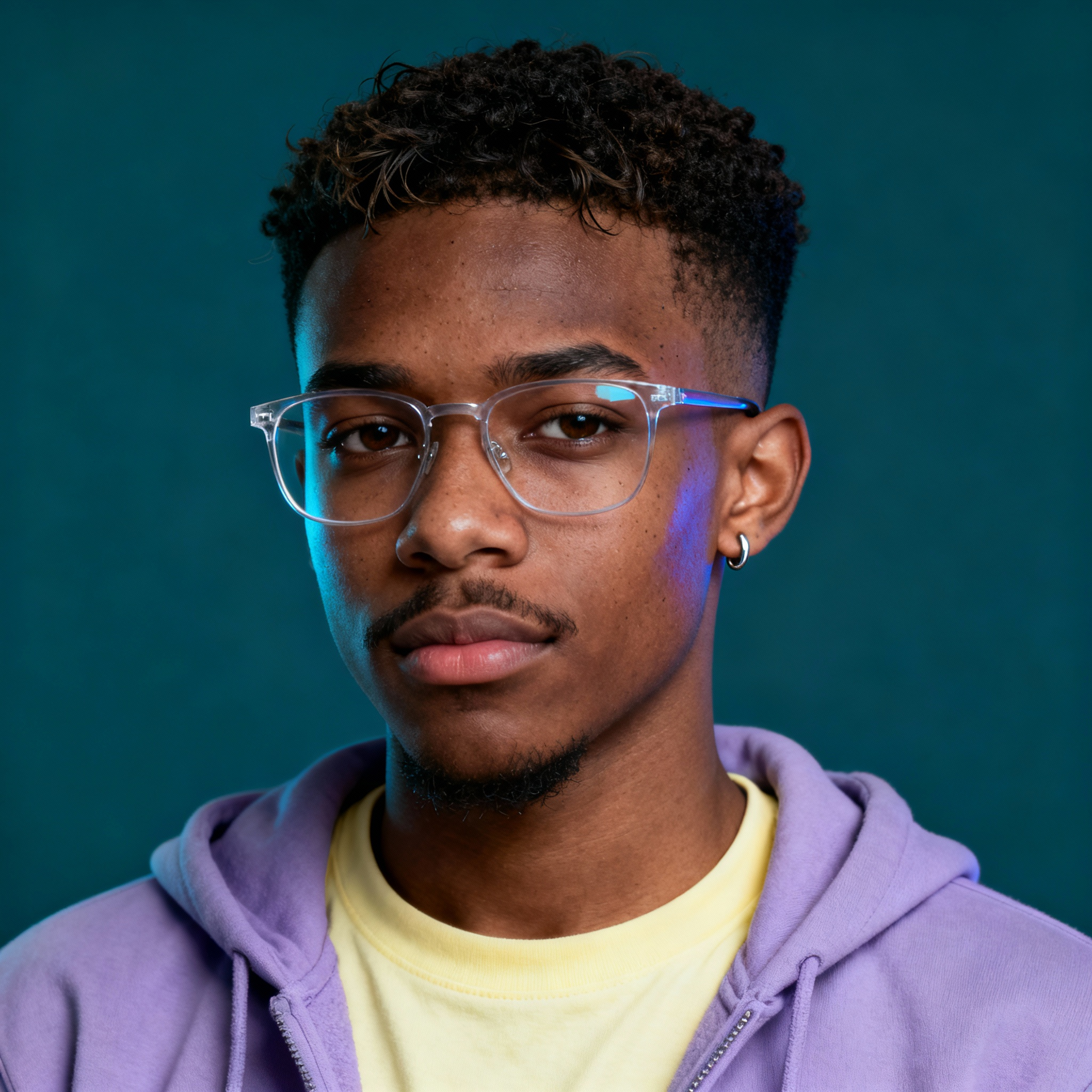 AI-generated portrait of a young man with short curly hair and glasses, wearing a hoodie over a T-shirt, posed with a neutral expression against a teal indoor background in soft light.