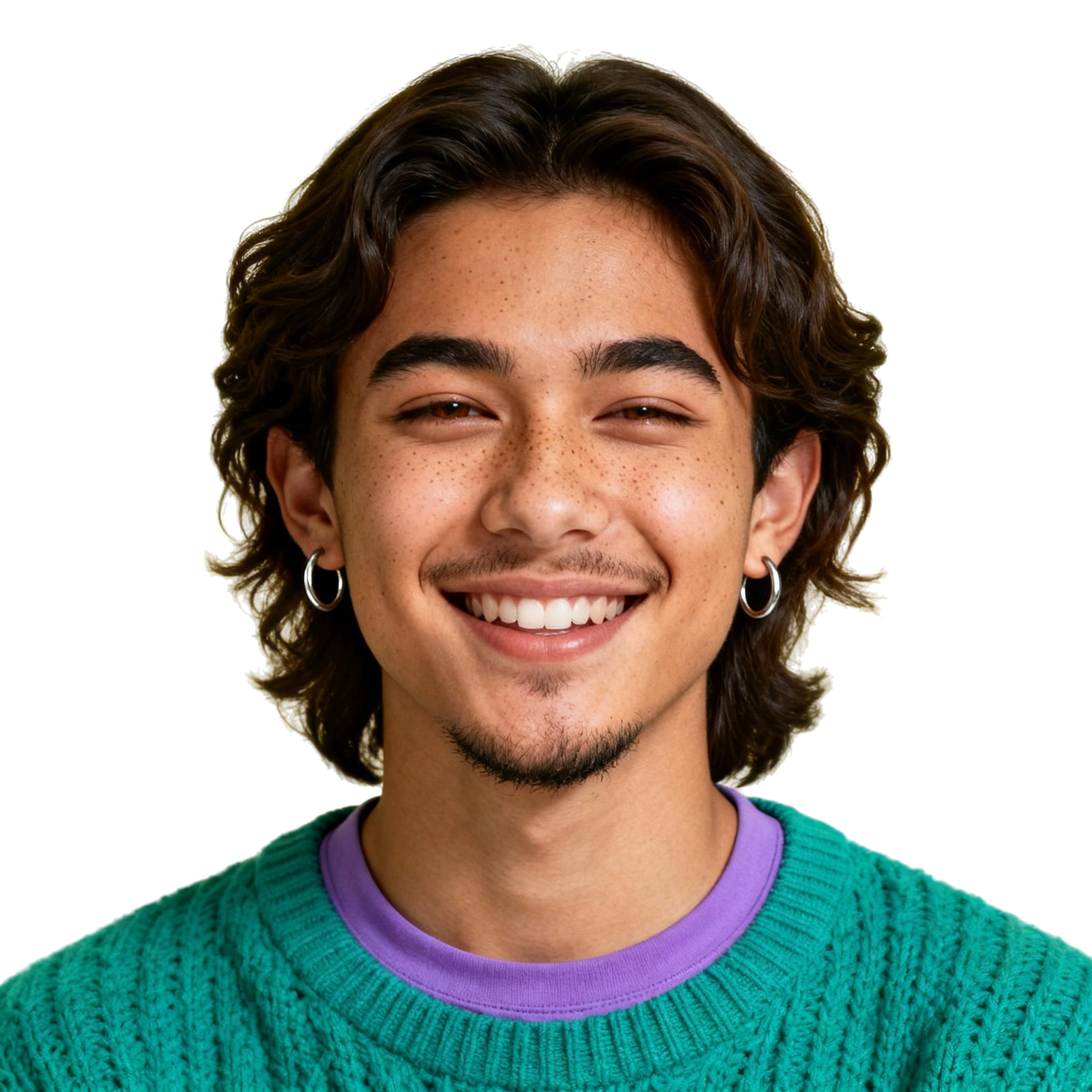 AI-generated portrait of a young man with shoulder-length wavy hair and light facial hair, wearing a knit sweater over a T-shirt, posed with a subtle smile against a transparent background in soft light.