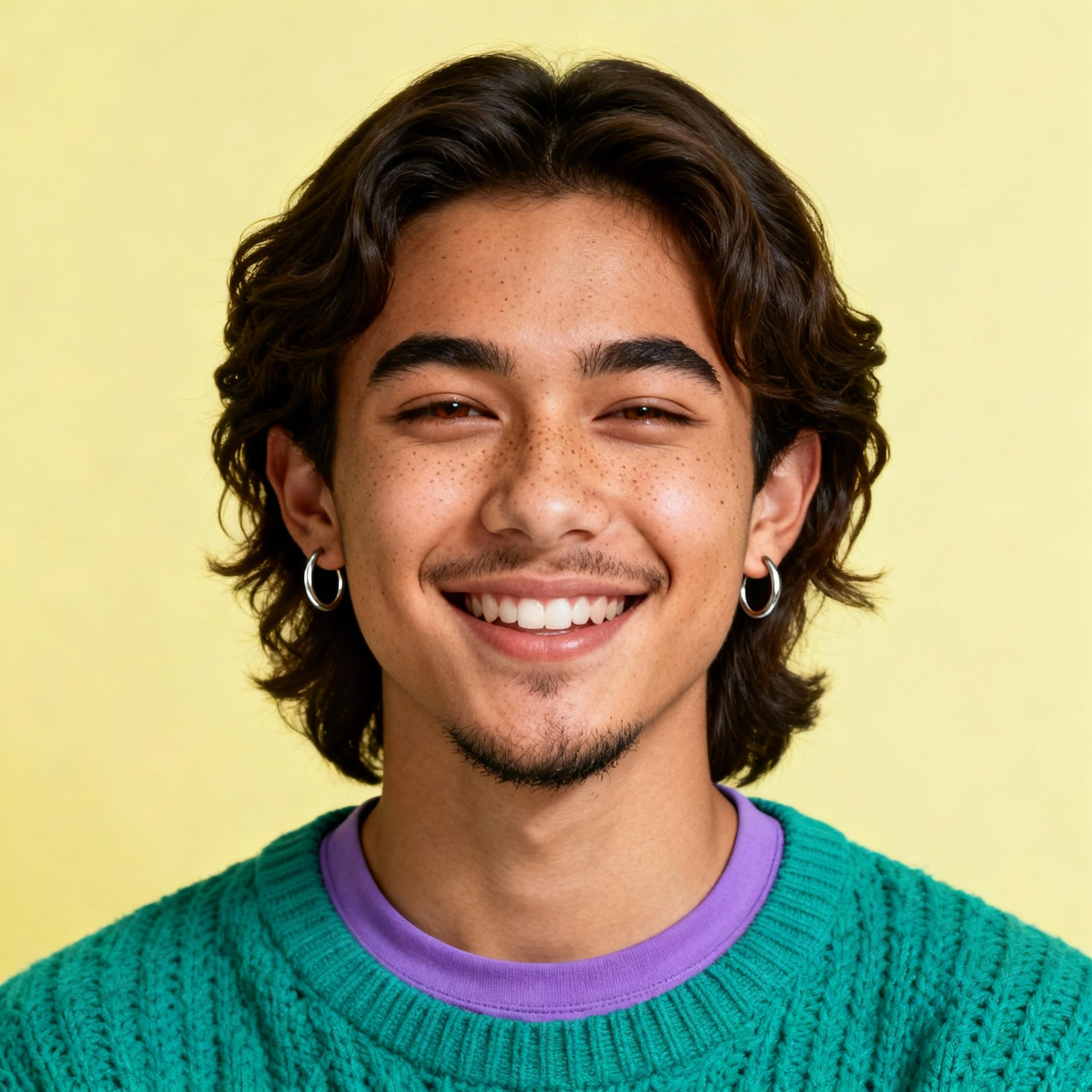 AI-generated portrait of a young man with shoulder-length wavy hair and light facial hair, wearing a knit sweater over a T-shirt, posed with a subtle smile against a warm yellow studio background in soft light.