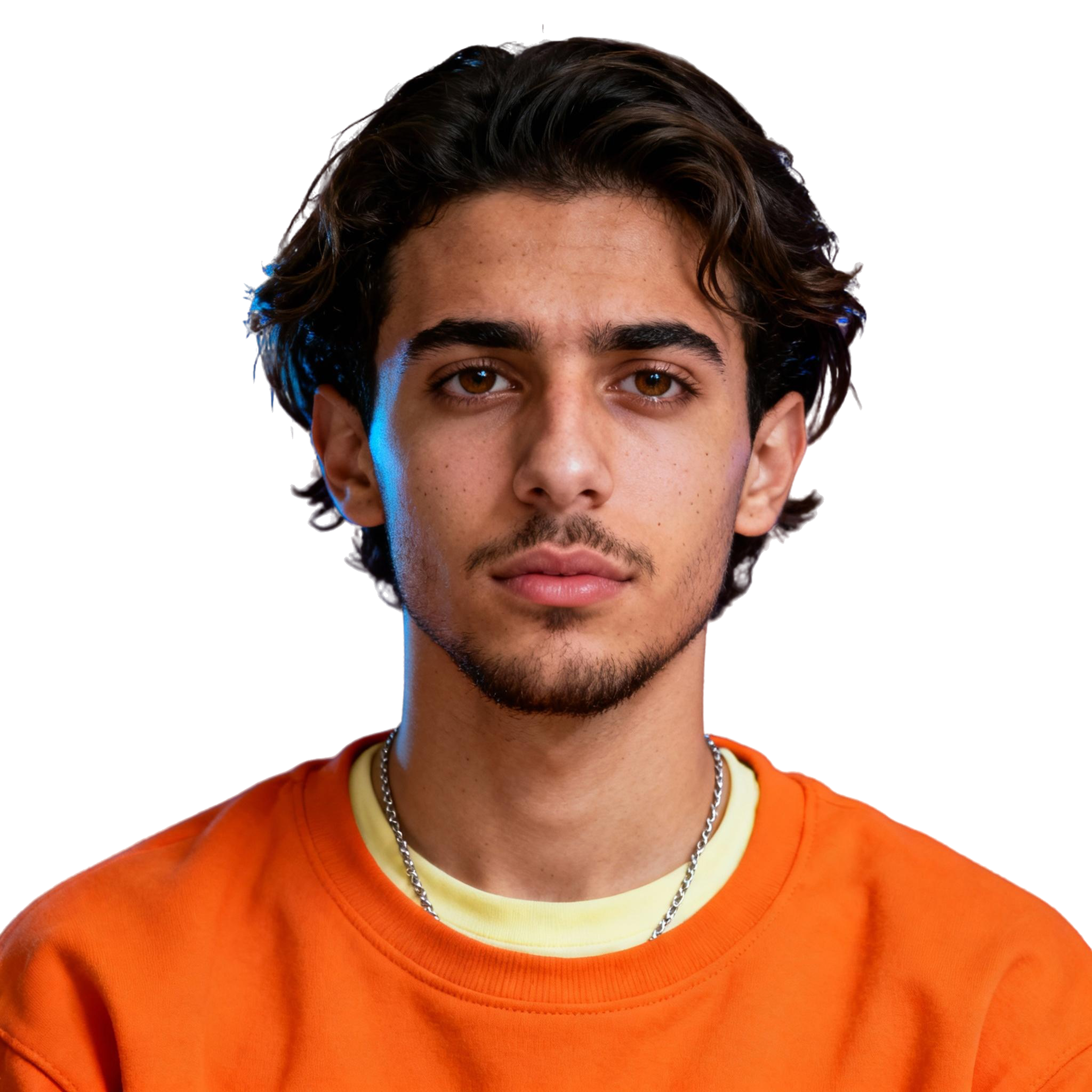 AI-generated portrait of a young man with medium-length hair and light facial hair, wearing a sweatshirt and chain necklace, posed with a neutral expression against a transparent background in soft light.