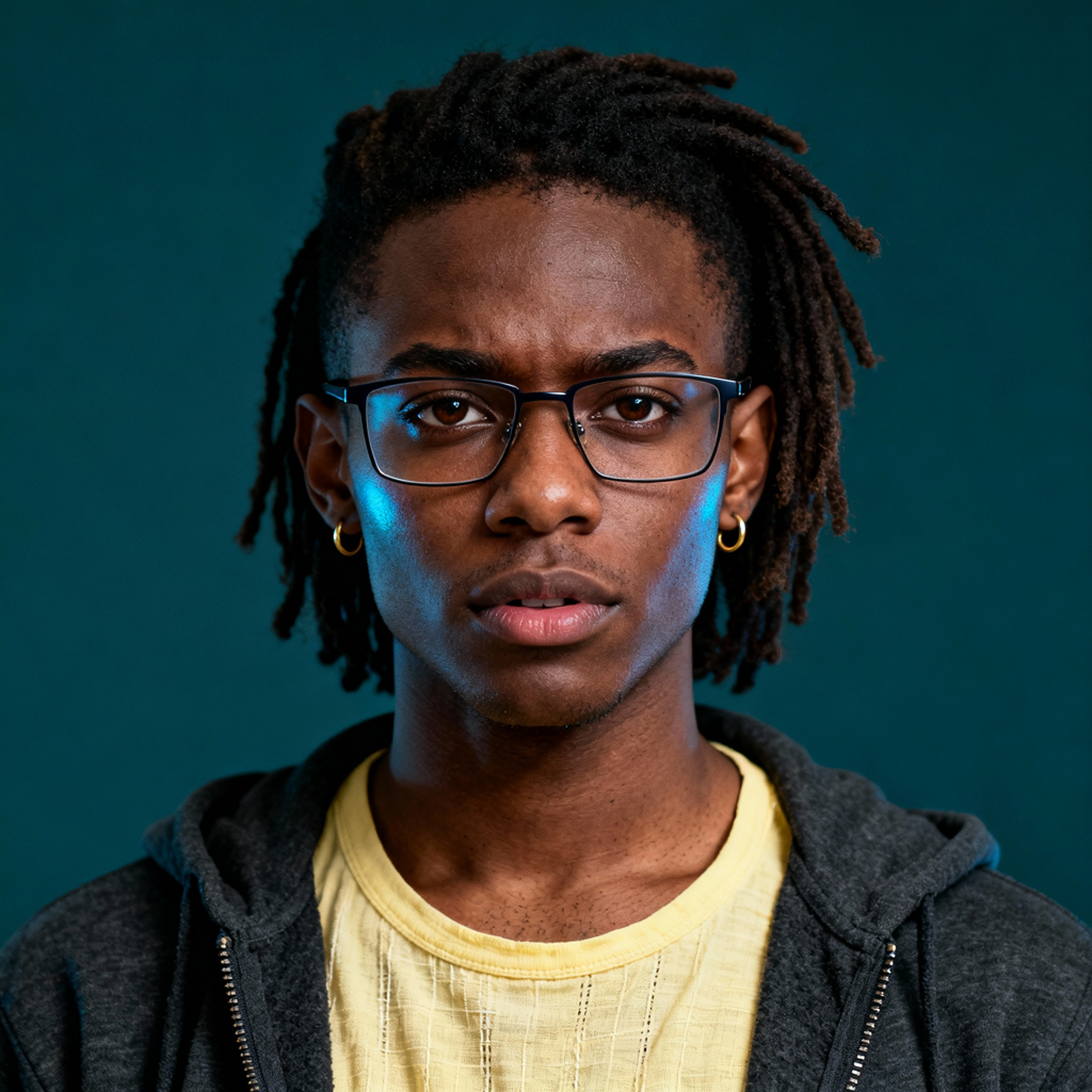 AI-generated portrait of a young person with short locs and glasses, wearing a hoodie over a T-shirt, posed with an intent expression against a teal indoor background in low, directional light.