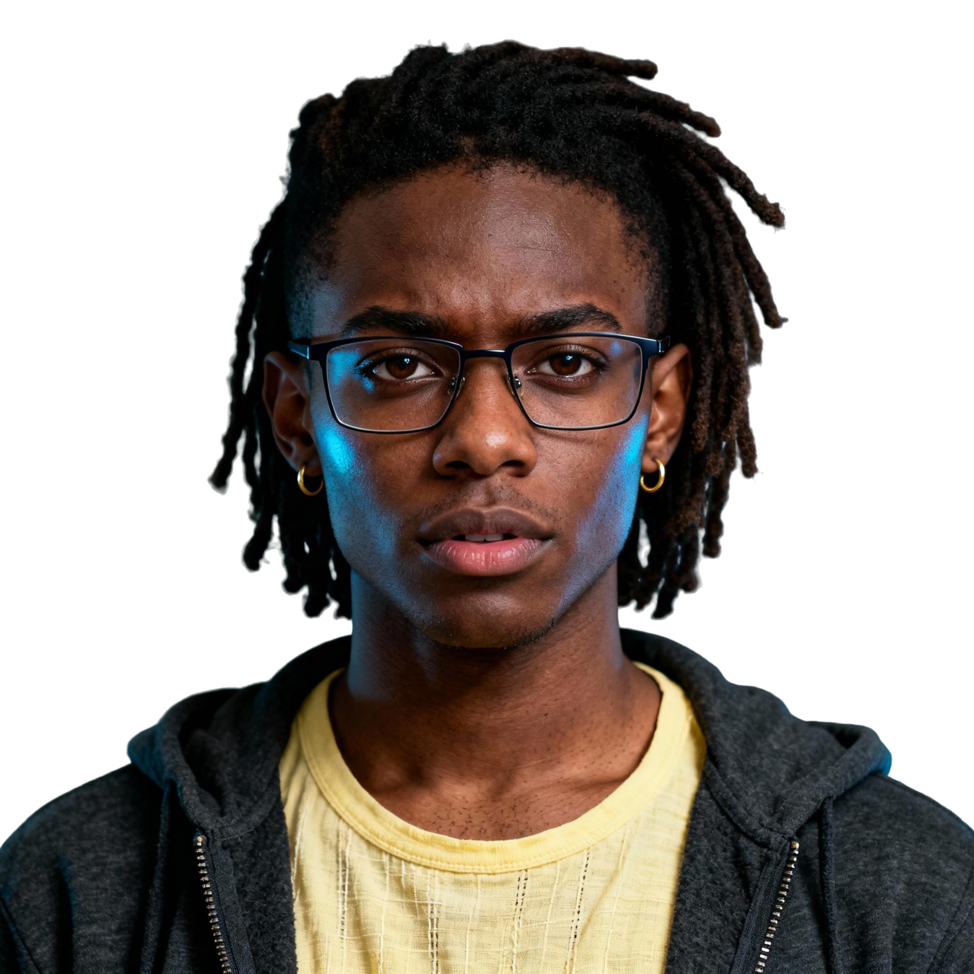 AI-generated portrait of a young person with short locs and glasses, wearing a hoodie over a T-shirt, posed with an intent expression against a transparent background in low, directional light.