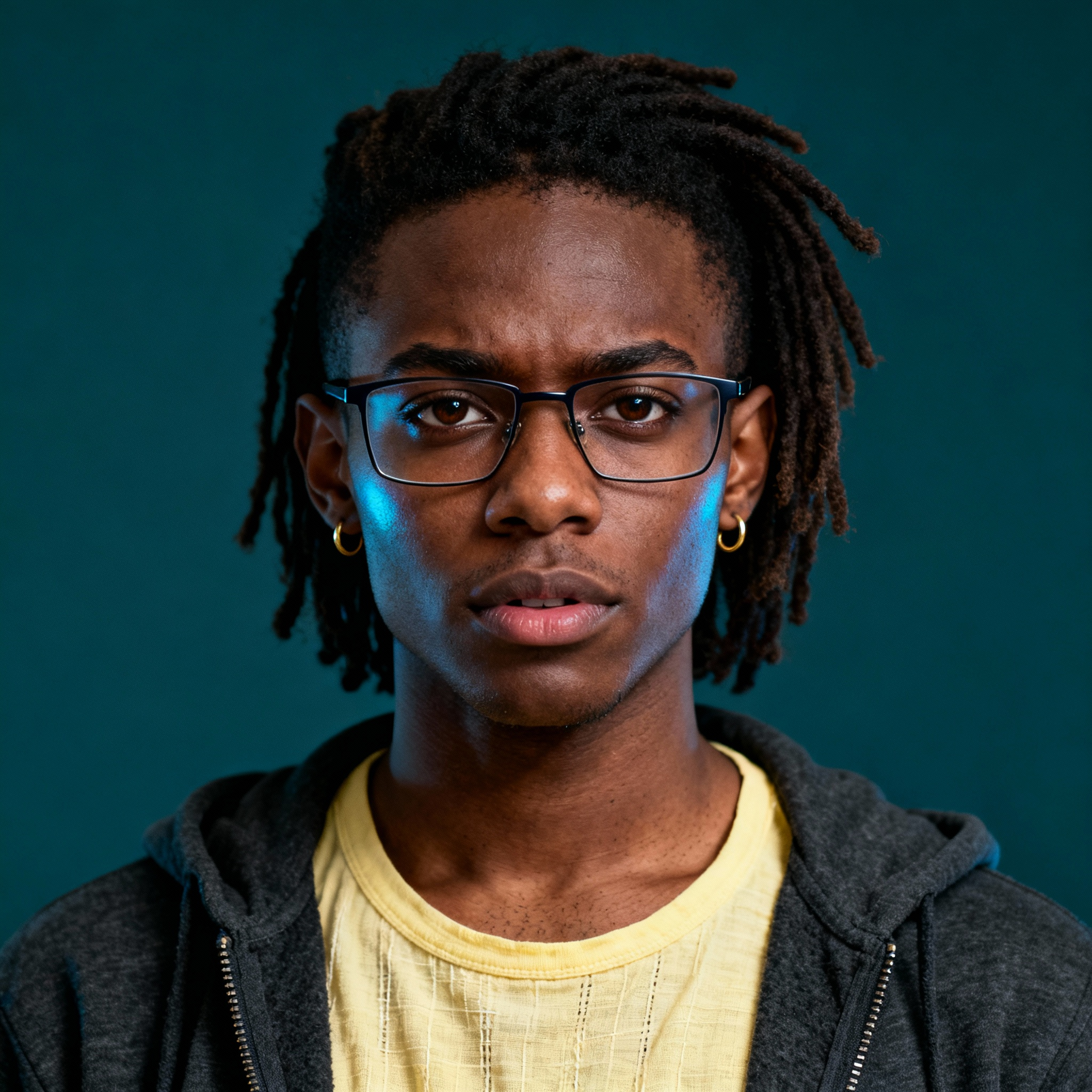 AI-generated portrait of a young person with short locs and glasses, wearing a hoodie over a T-shirt, posed with an intent expression against a teal indoor background in low, directional light.