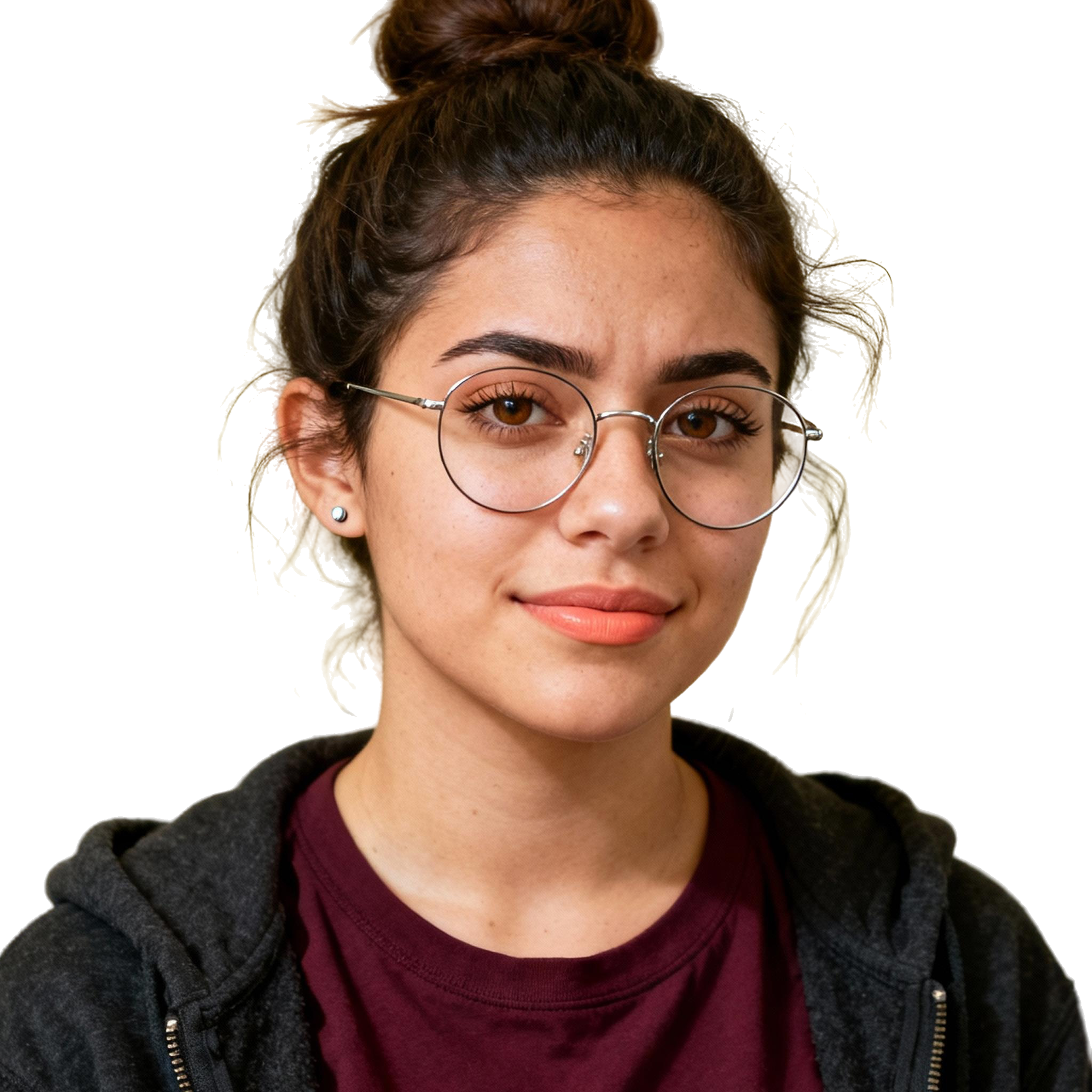 AI-generated portrait of a young woman with dark hair in a messy bun and round glasses, wearing a hoodie over a T-shirt, posed with a neutral expression against a transparent background in soft light.