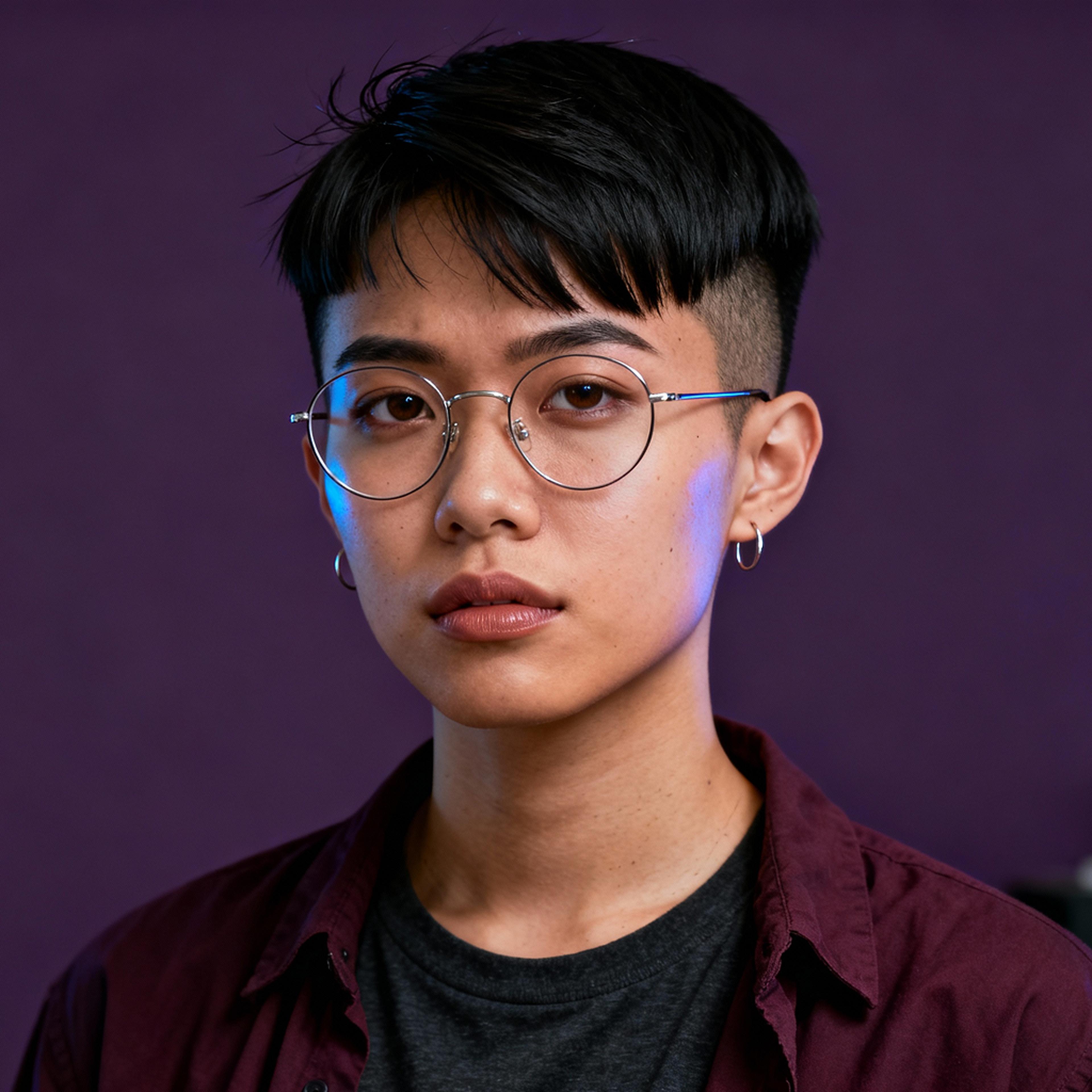 AI-generated portrait of a young person with short undercut hair and glasses, wearing a button-up shirt over a T-shirt, posed with a serious expression against a dark purple indoor background in low light.