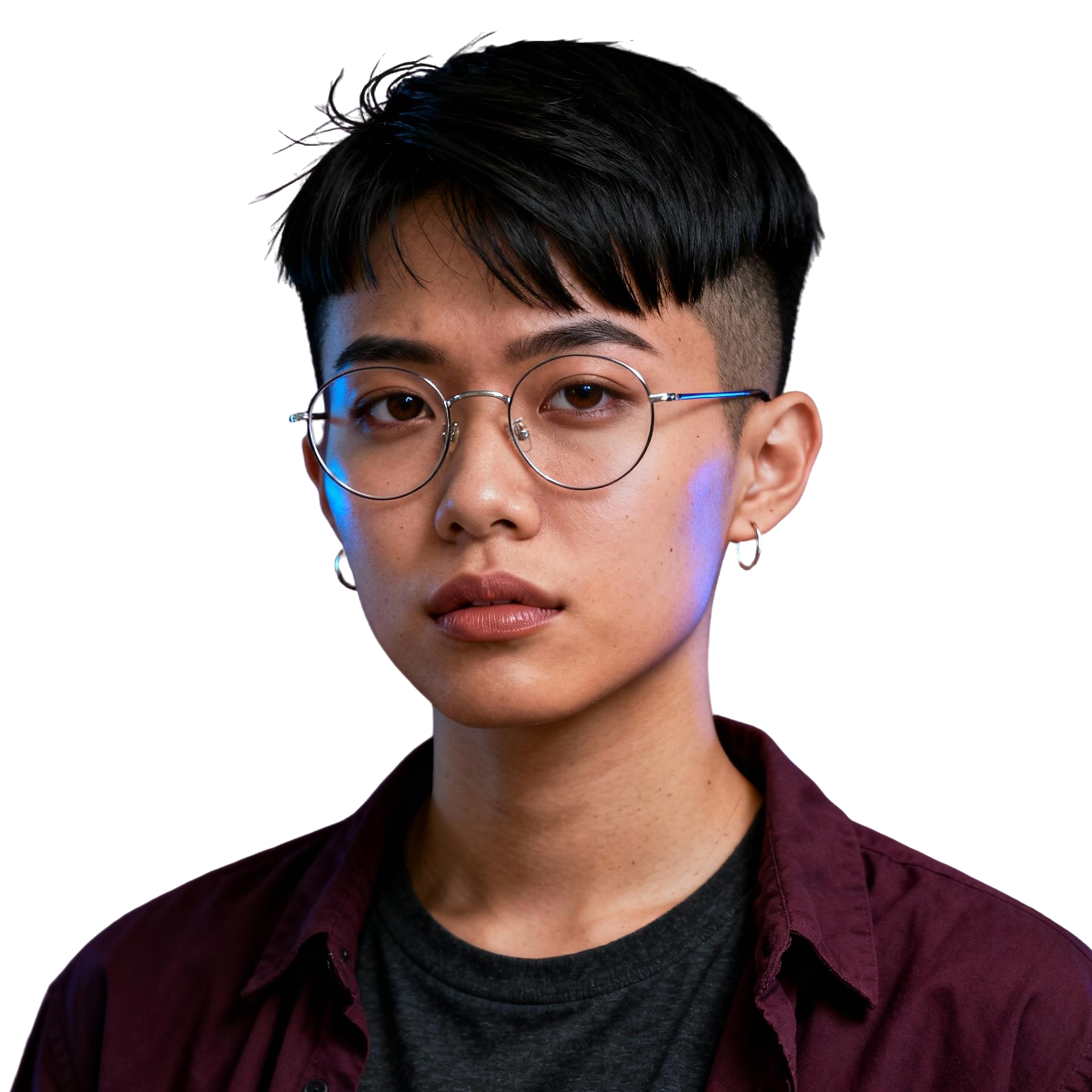 AI-generated portrait of a young person with short undercut hair and glasses, wearing a button-up shirt over a T-shirt, posed with a serious expression against a transparent background in low light.