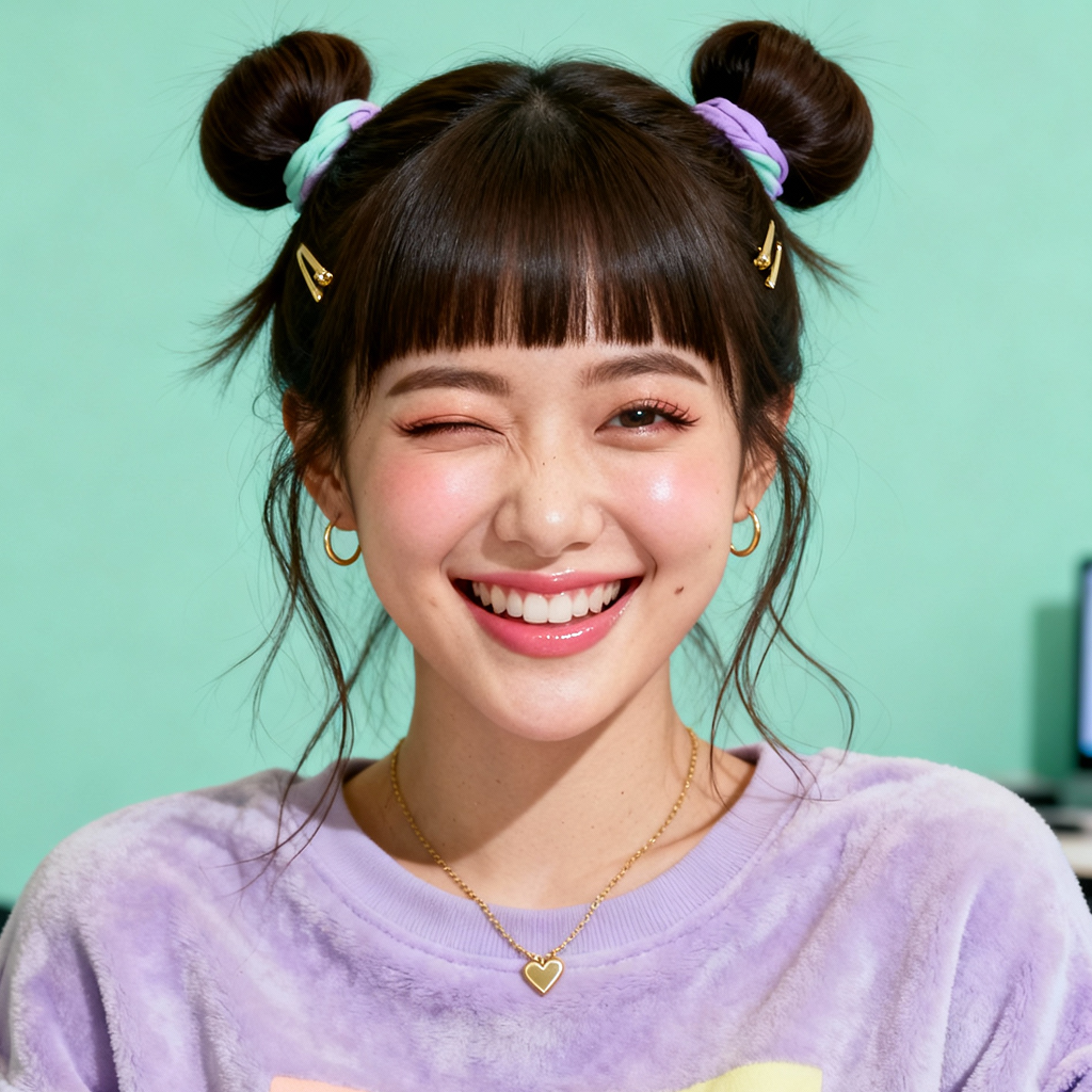 AI-generated portrait of a young woman with hair styled in two buns and straight bangs, wearing a casual sweatshirt and necklace, posed with a smiling expression against a mint indoor background in even light.