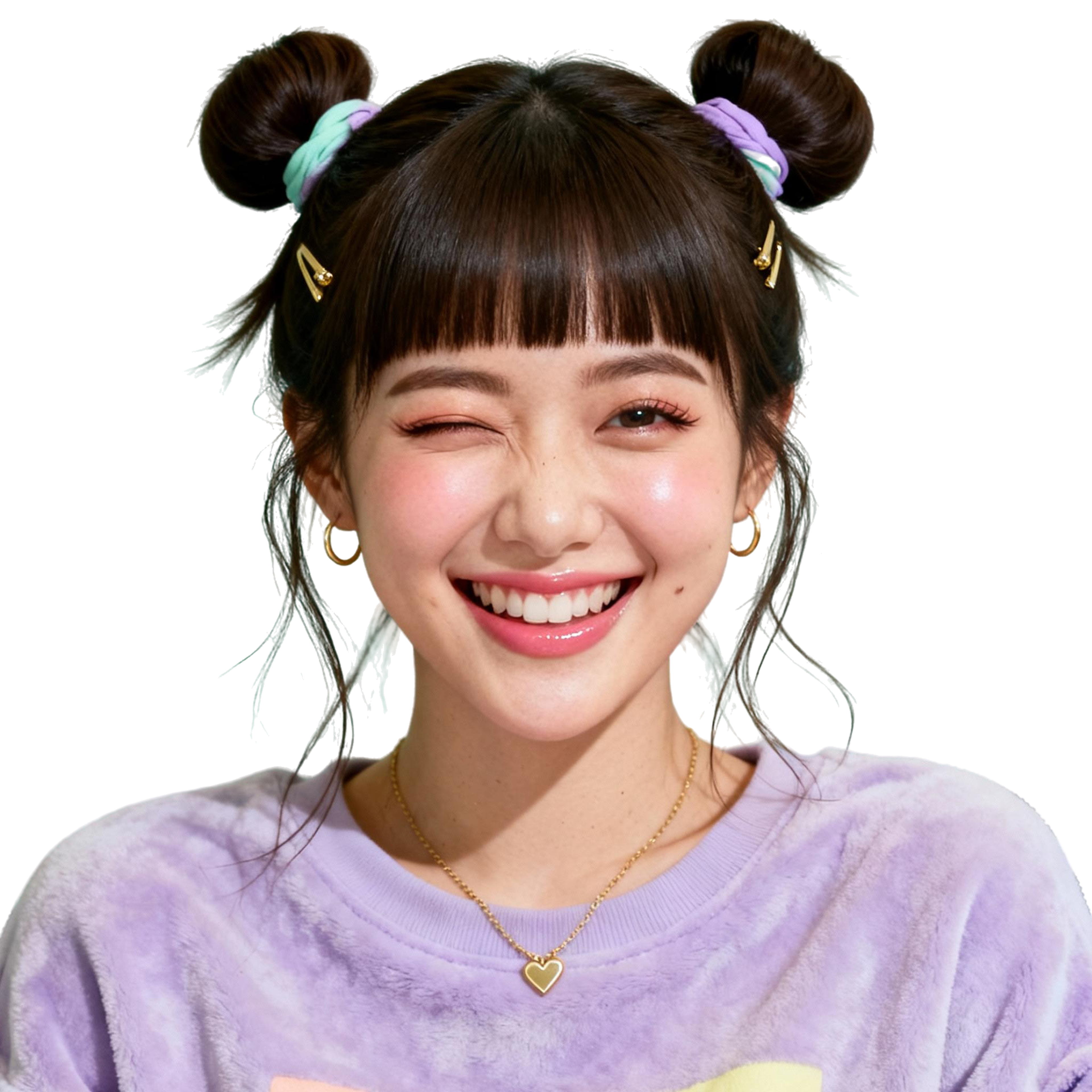 AI-generated portrait of a young woman with hair styled in two buns and straight bangs, wearing a casual sweatshirt and necklace, posed with a smiling expression against a transparent background in even light.