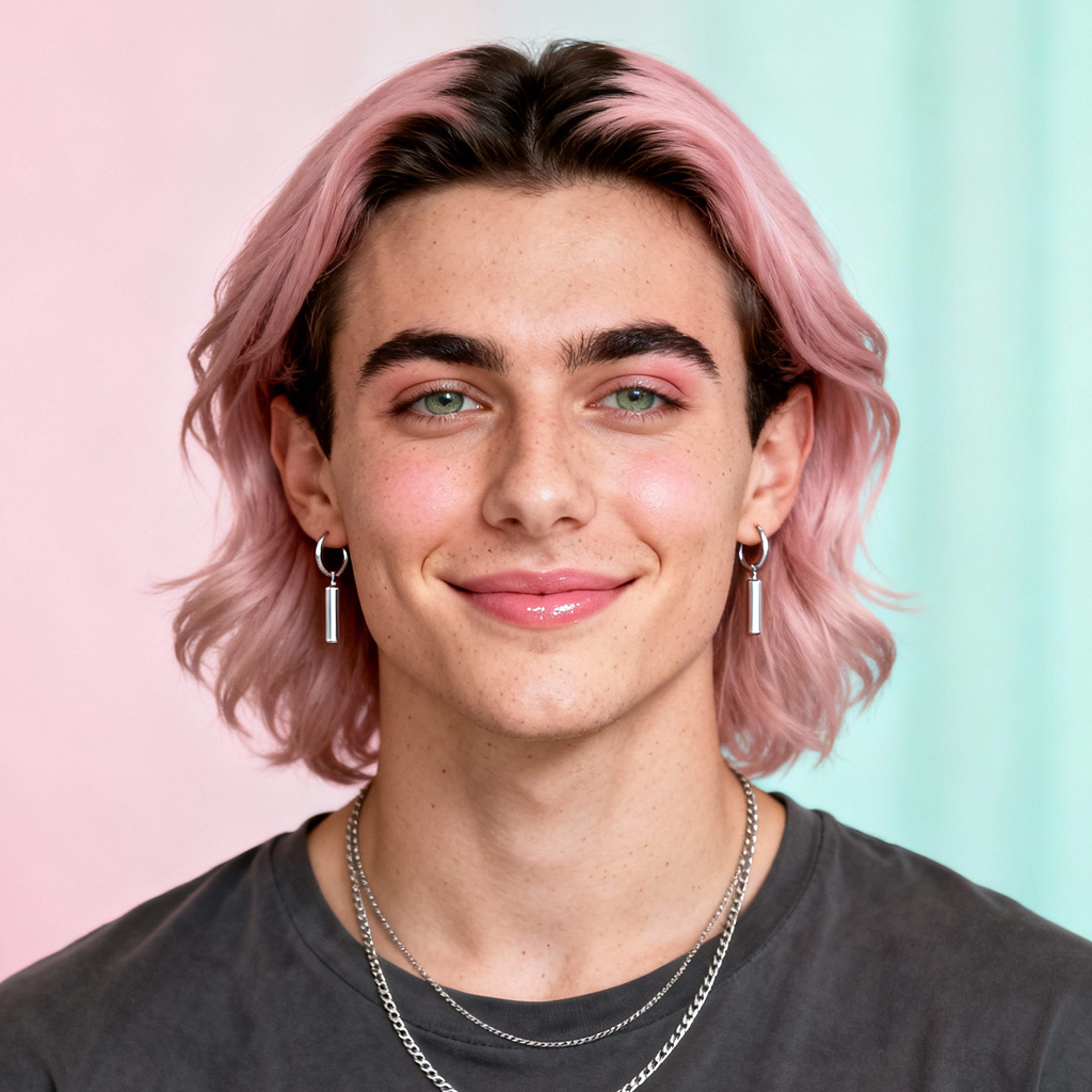 AI-generated portrait of a young person with short pastel hair and defined brows, wearing a dark top and earrings, posed with a soft smile against a clean pastel background in bright lighting.