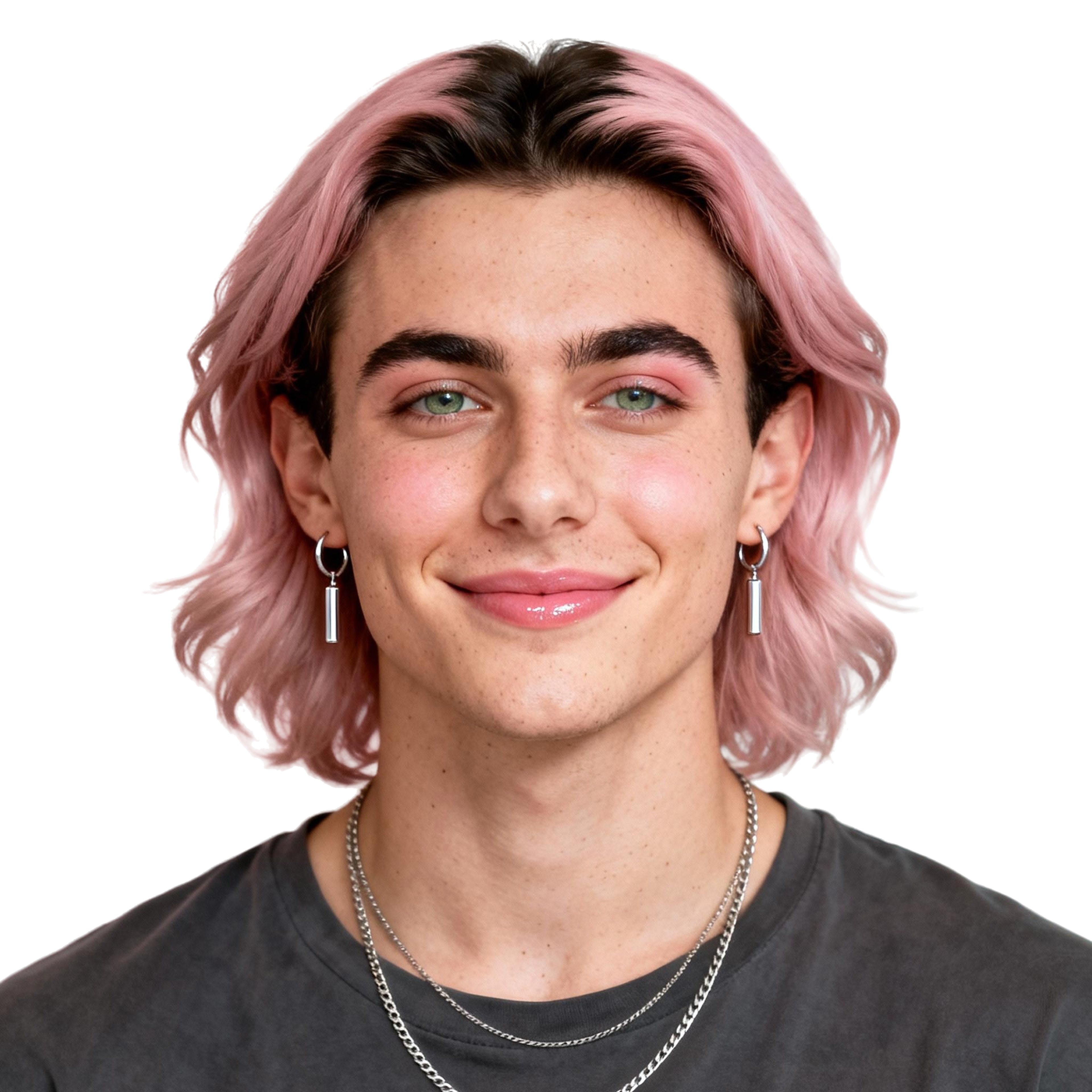 AI-generated portrait of a young person with short pastel hair and defined brows, wearing a dark top and earrings, posed with a soft smile against a transparent background in bright lighting.