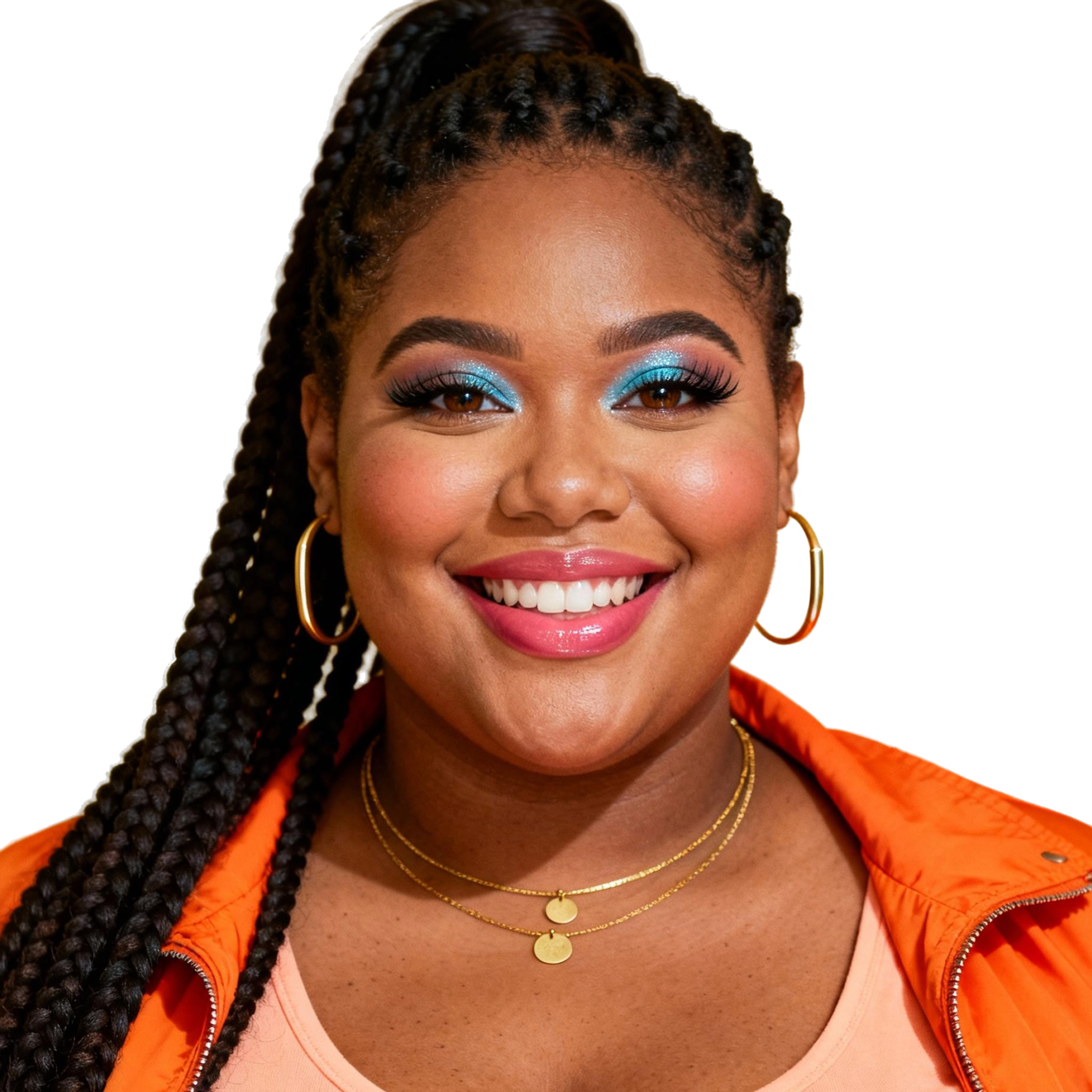 AI-generated portrait of a young woman with long braids and bright eye makeup, wearing a colorful jacket and hoop earrings, posed with a warm smile against a transparent background in crisp lighting.