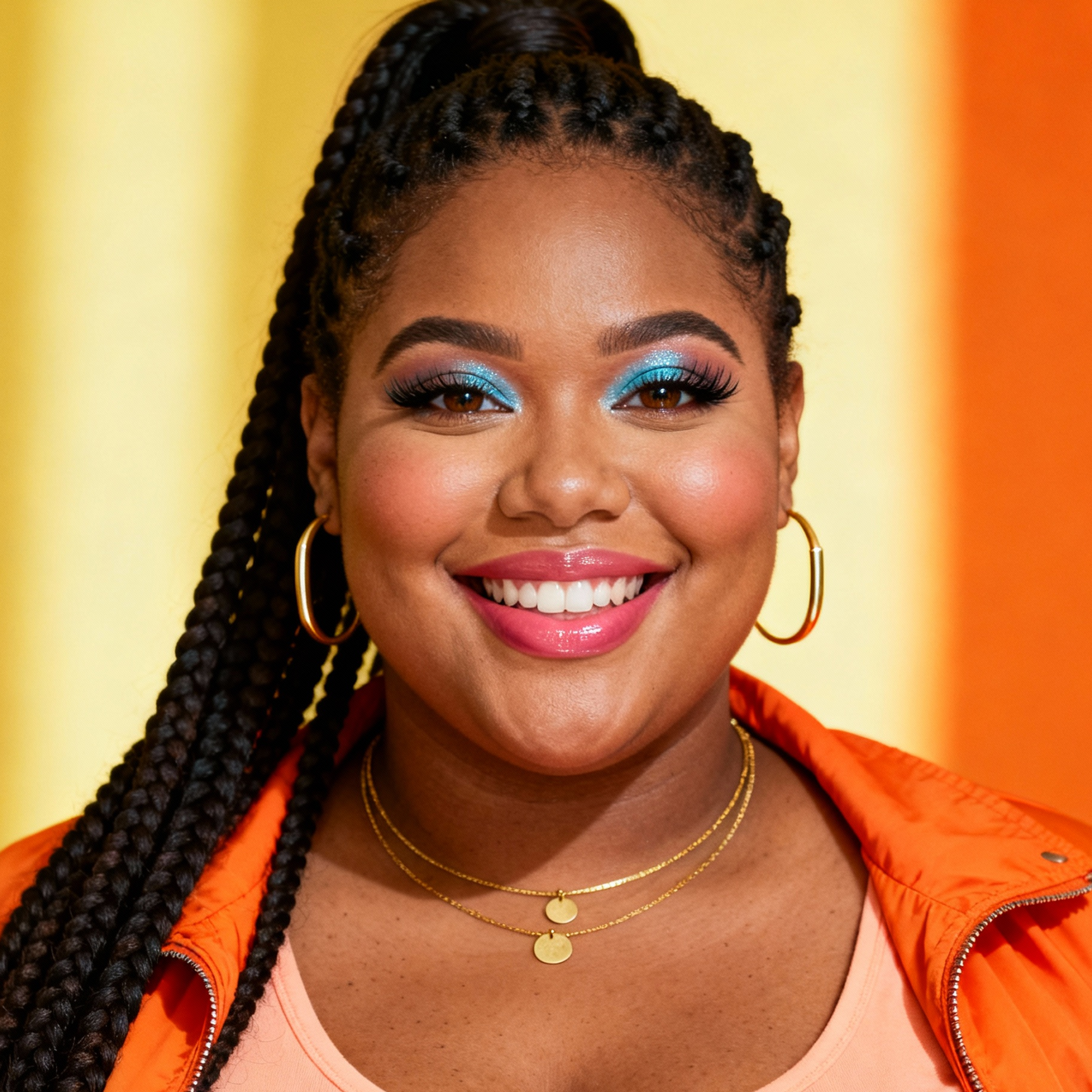 AI-generated portrait of a young woman with long braids and bright eye makeup, wearing a colorful jacket and hoop earrings, posed with a warm smile against a solid backdrop in crisp lighting.