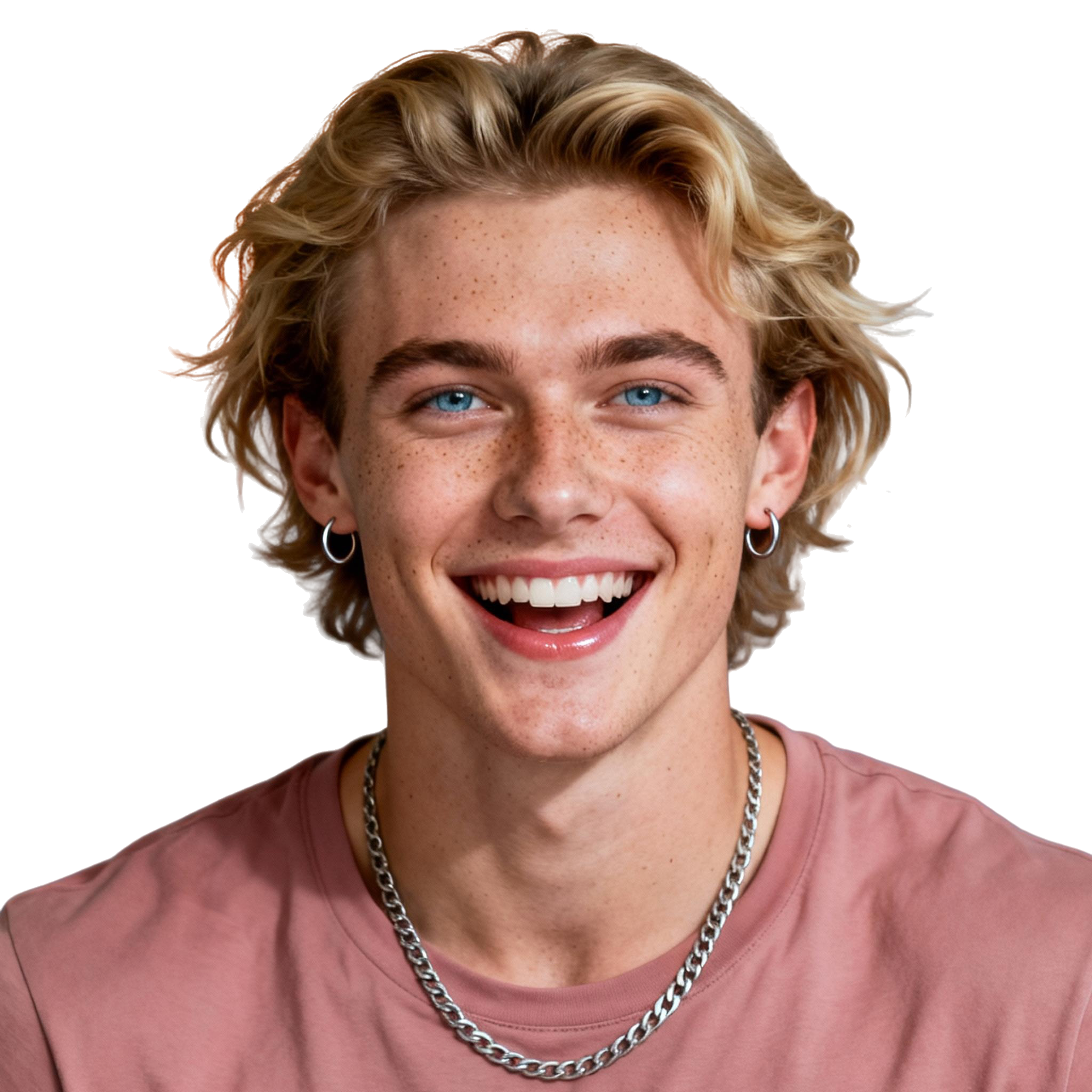 AI-generated portrait of a young man with medium-length hair and earrings, wearing a casual top, posed with an open smile against a transparent background in bright lighting.