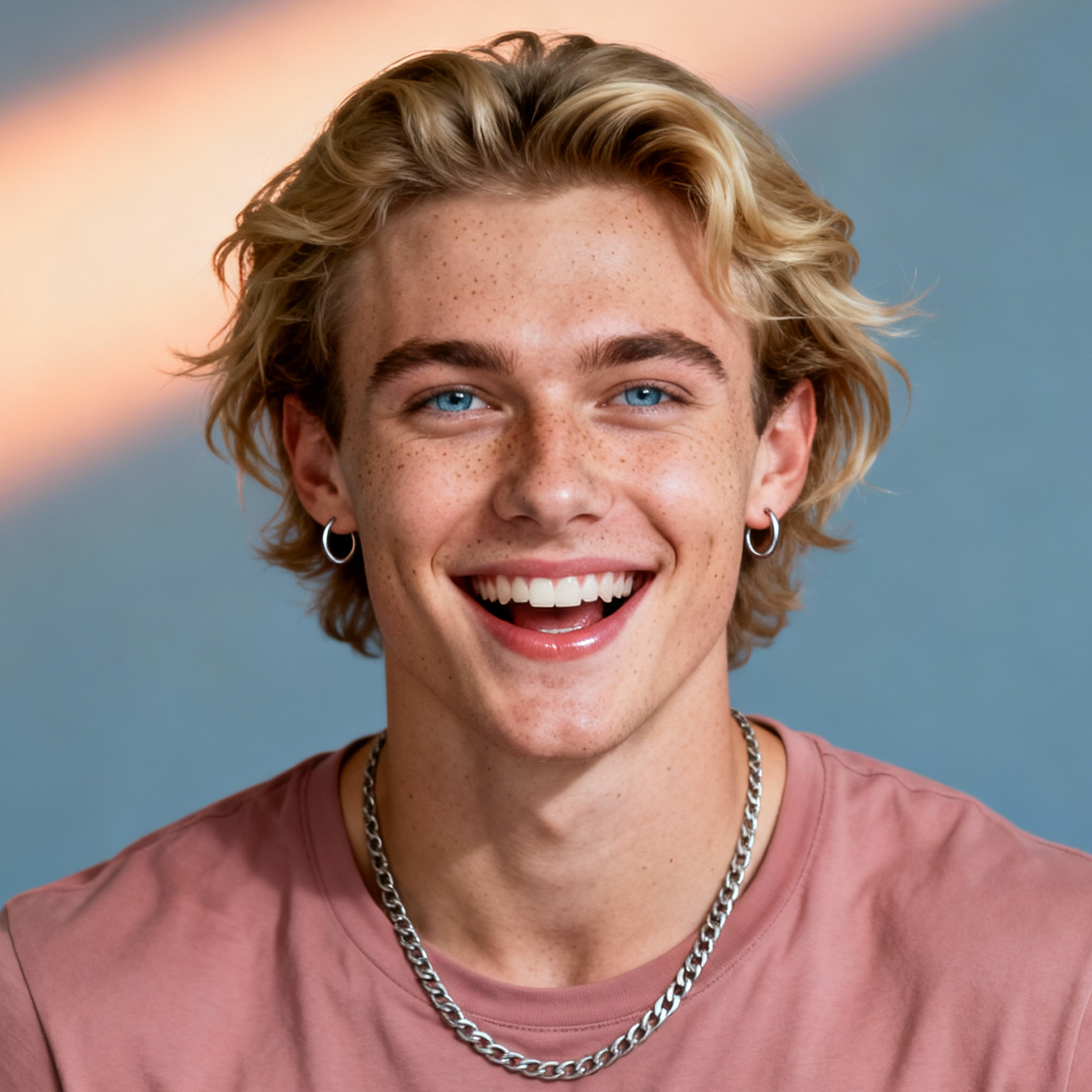 AI-generated portrait of a young man with medium-length hair and earrings, wearing a casual top, posed with an open smile against a soft gradient background in bright lighting.