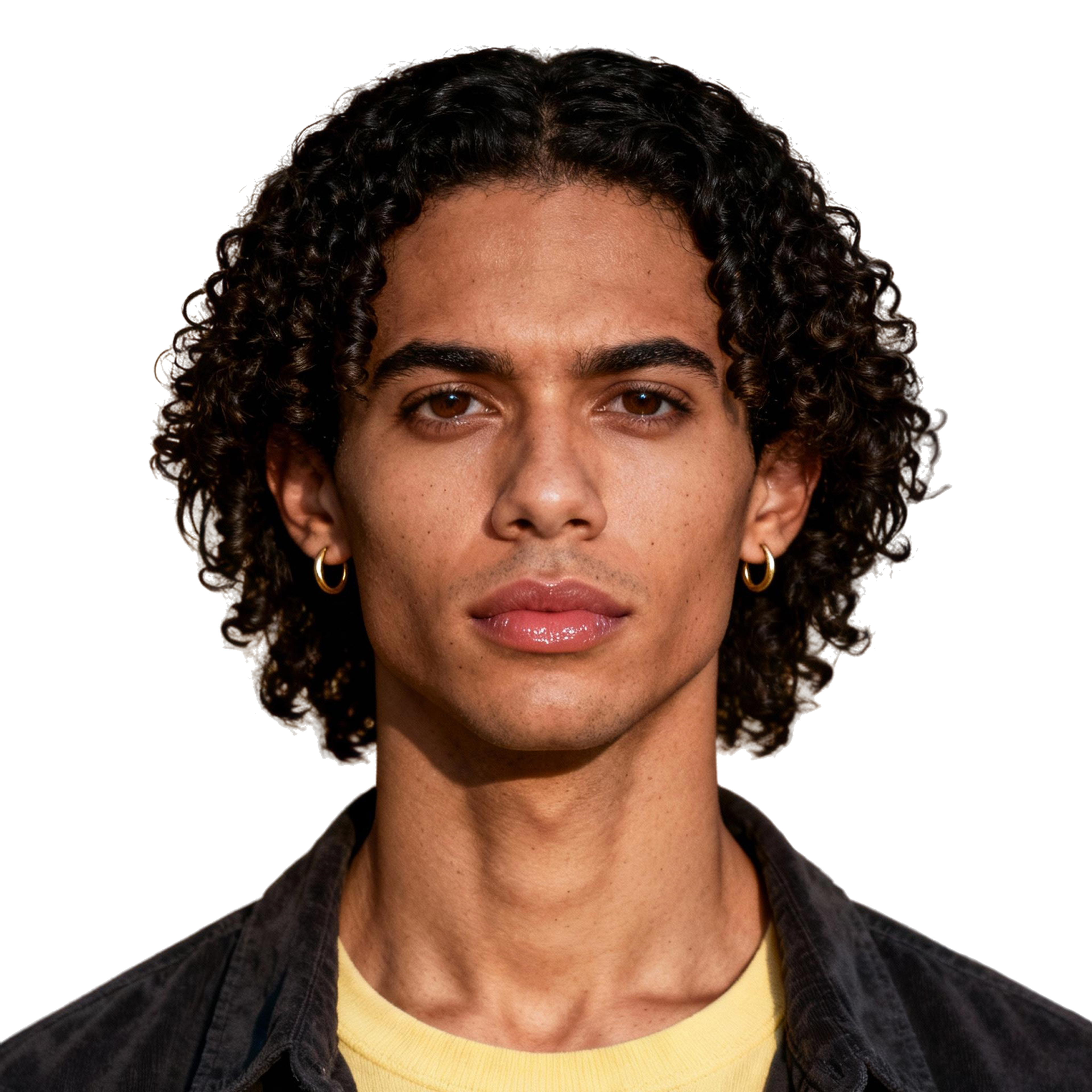 AI-generated portrait of a young man with short curly hair and light facial hair, wearing a layered outfit, posed with a calm expression against a transparent background in crisp lighting.