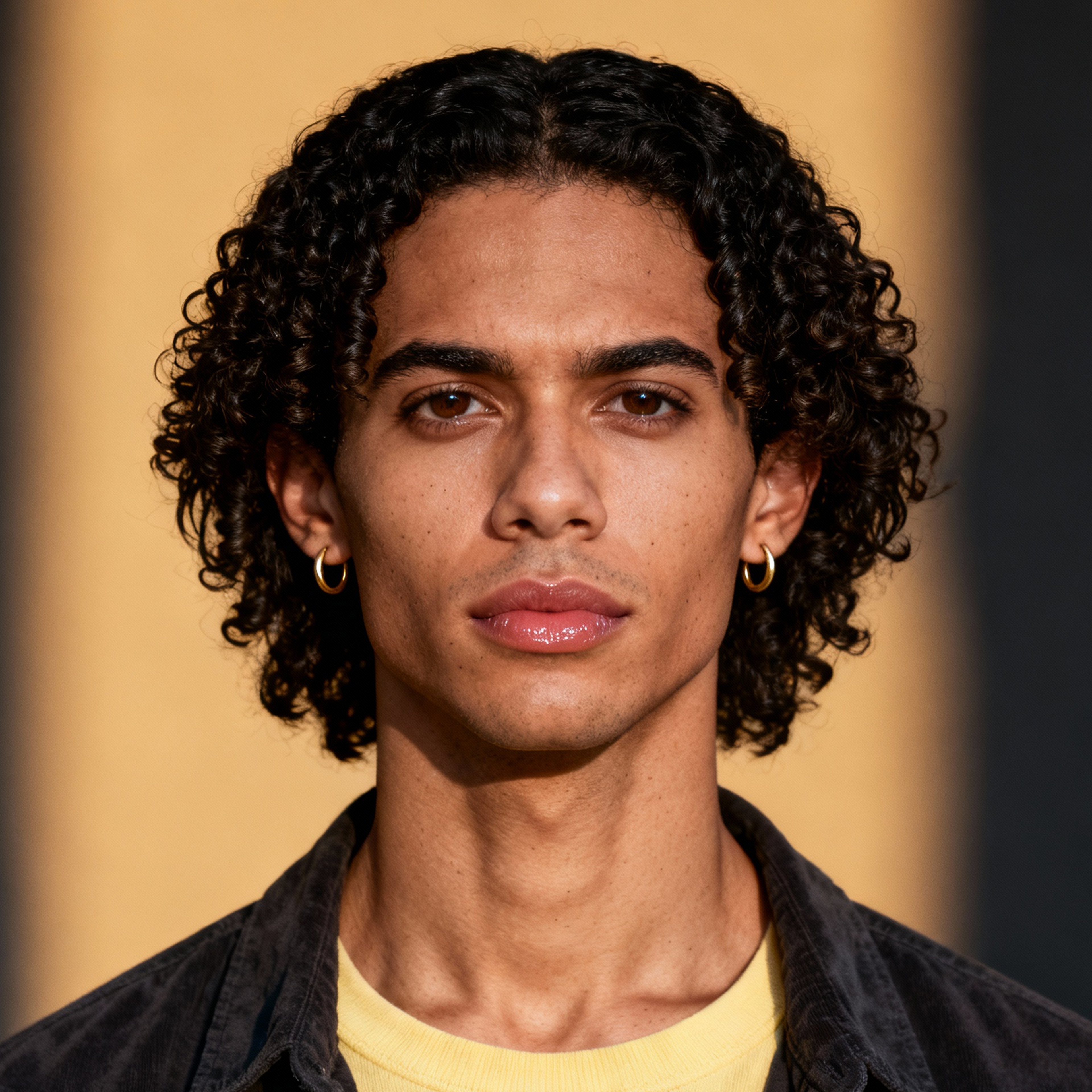 AI-generated portrait of a young man with short curly hair and light facial hair, wearing a layered outfit, posed with a calm expression against a warm-toned background in crisp lighting.
