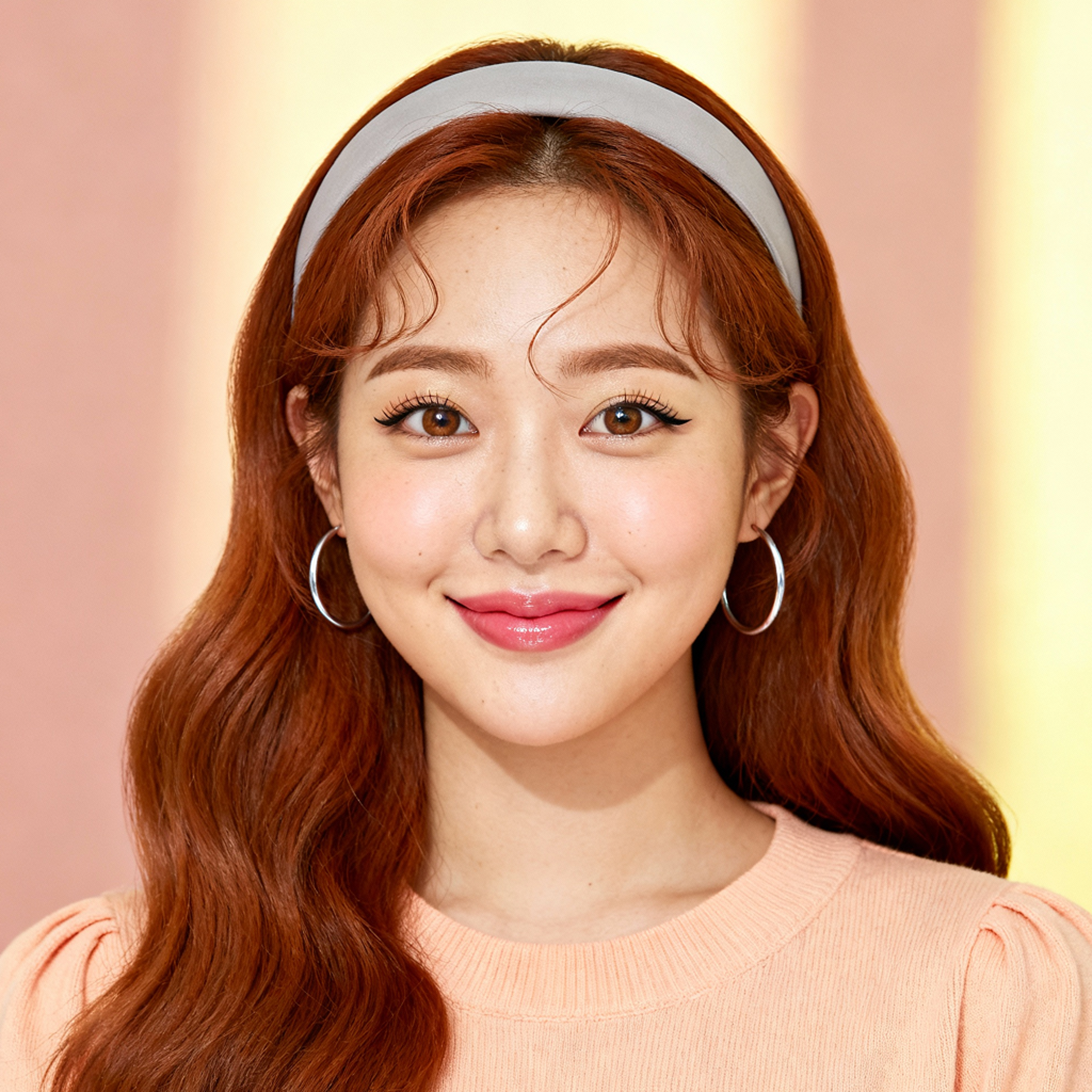 AI-generated portrait of a young woman with long styled hair and defined brows, wearing a light top and hoop earrings, posed with a gentle smile against a clean pastel background in bright lighting.