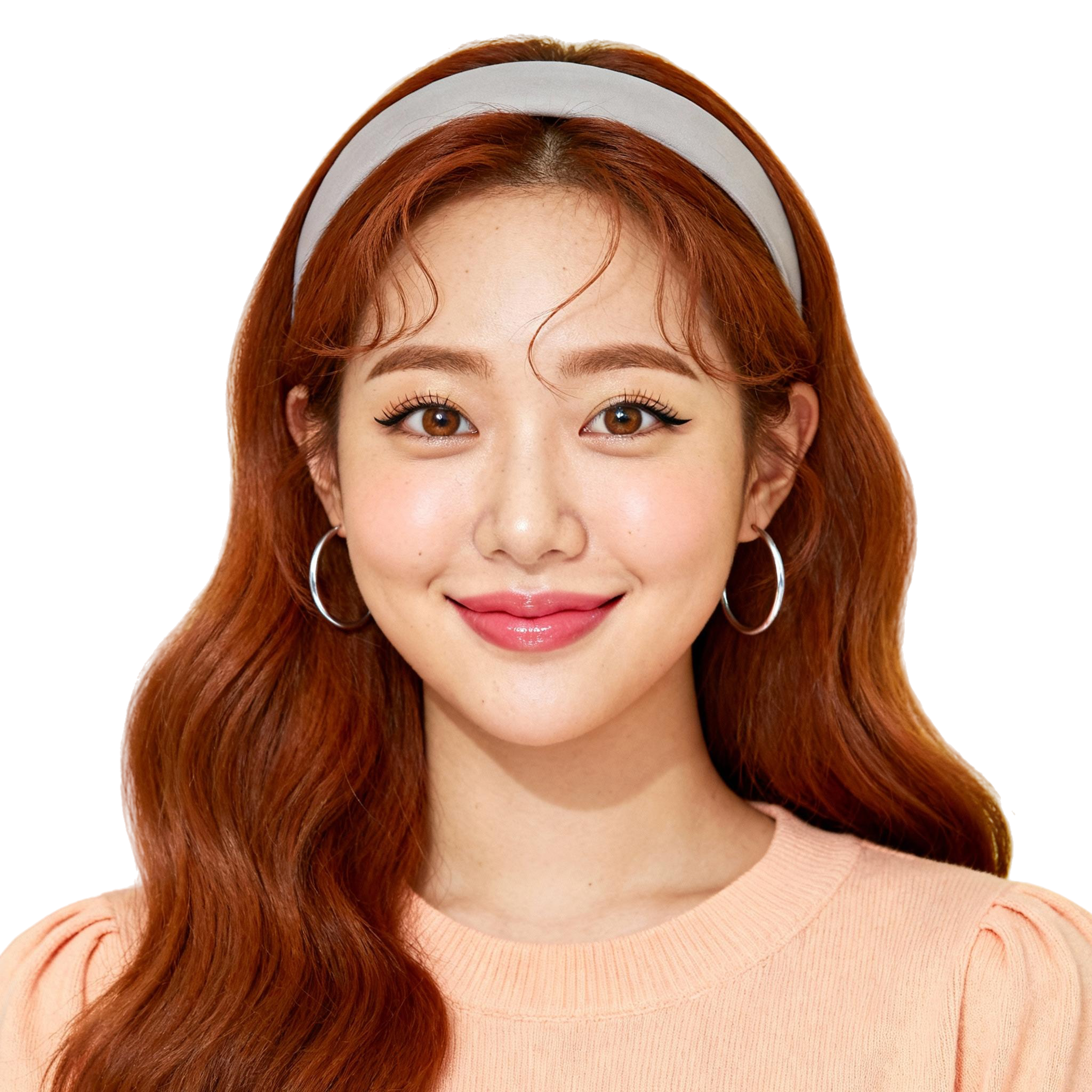 AI-generated portrait of a young woman with long styled hair and defined brows, wearing a light top and hoop earrings, posed with a gentle smile against a transparent background in bright lighting.