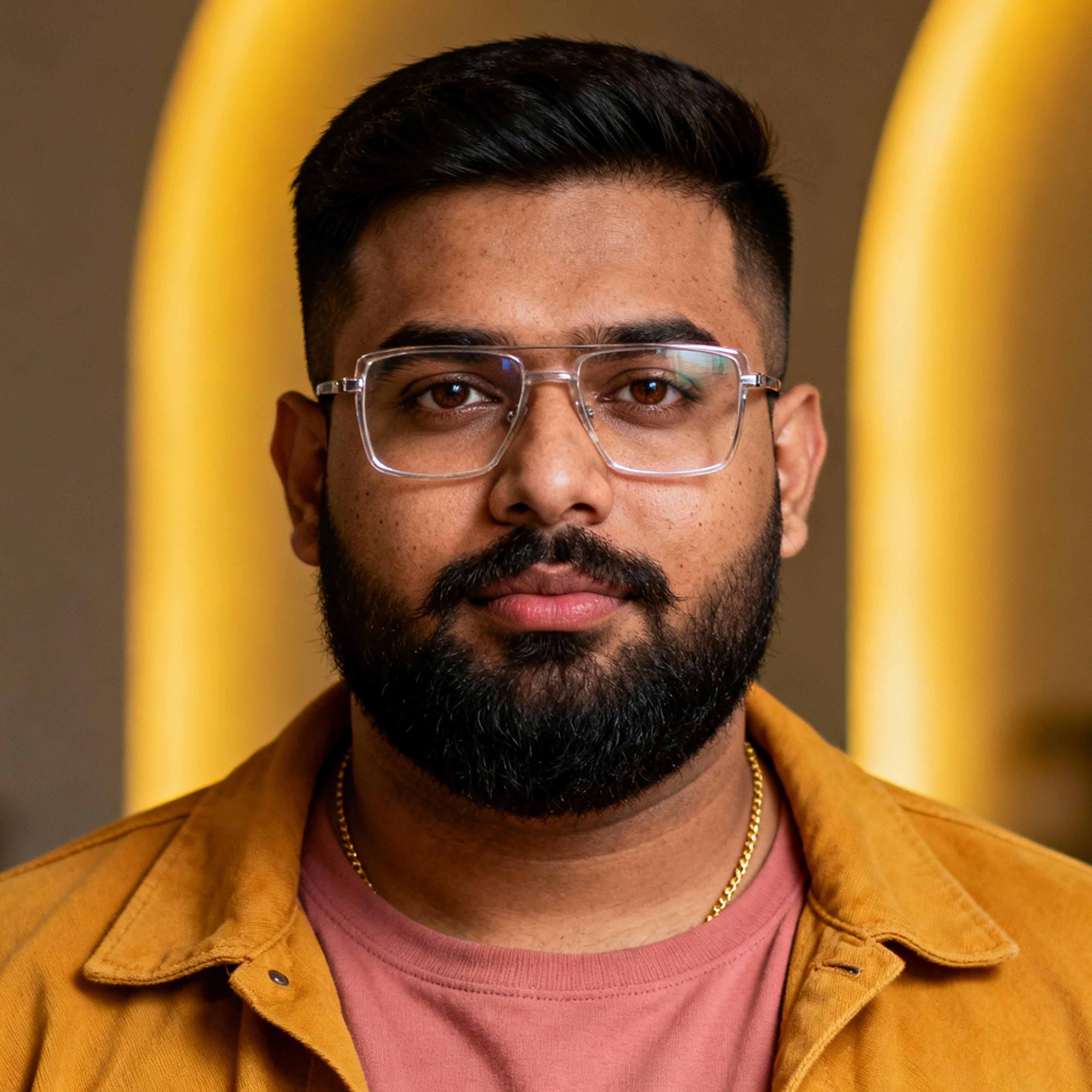 AI-generated portrait of a young man with short hair and glasses, wearing a casual jacket and T-shirt, posed with a neutral expression against a warm-toned background in crisp lighting.