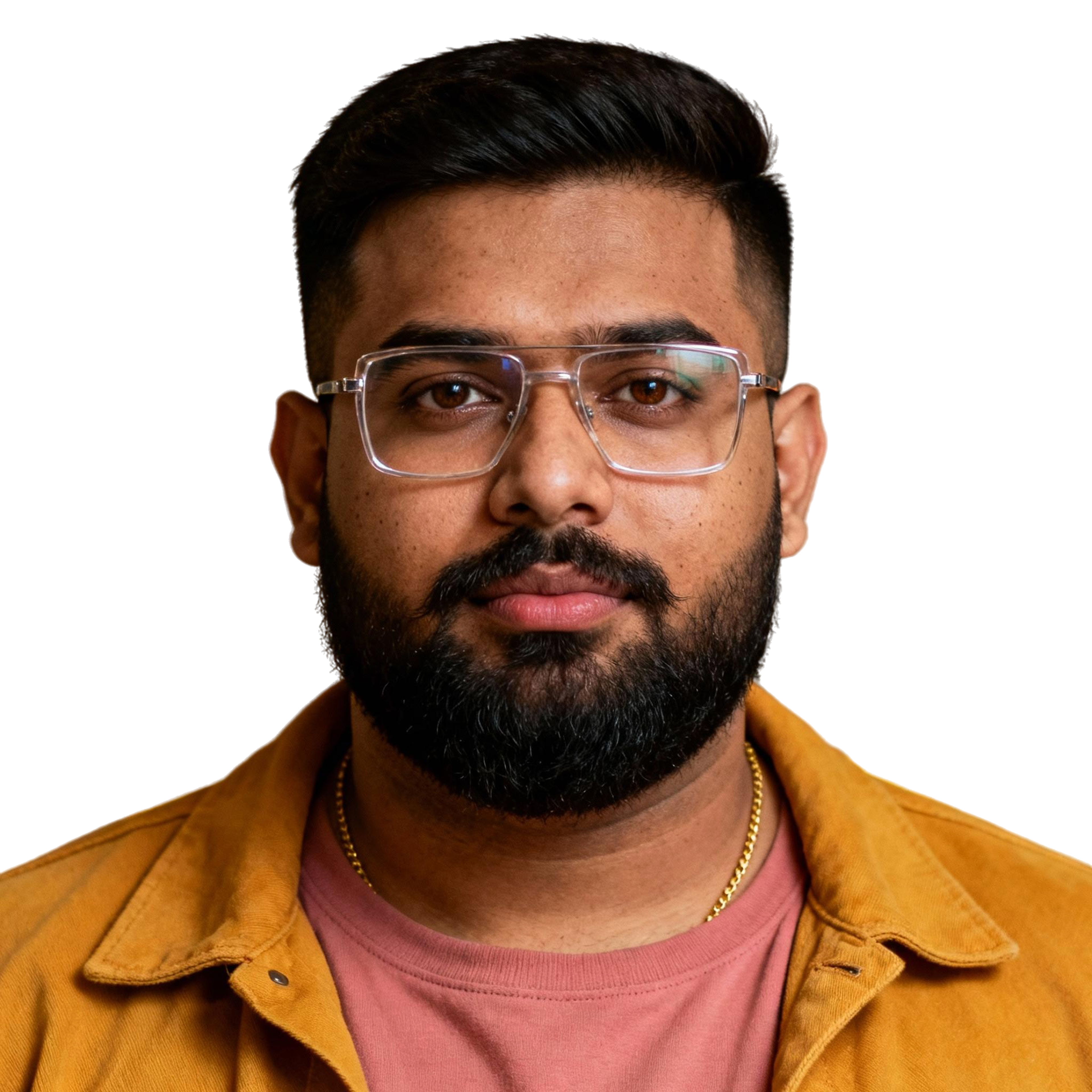 AI-generated portrait of a young man with short hair and glasses, wearing a casual jacket and T-shirt, posed with a neutral expression against a transparent background in crisp lighting.