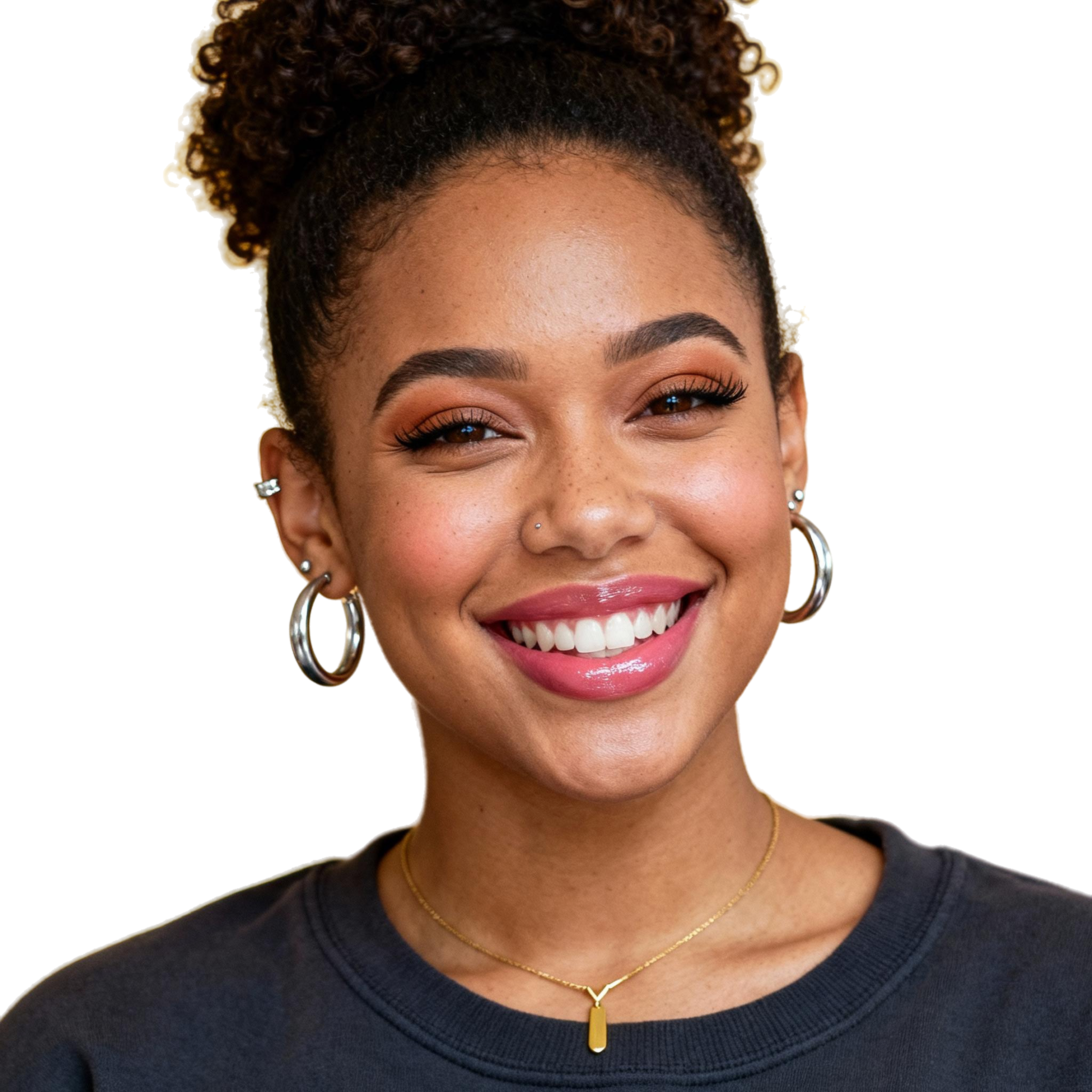 AI-generated portrait of a young woman with curly hair pulled back and hoop earrings, wearing a dark top, posed with a wide smile against a transparent background in bright lighting.