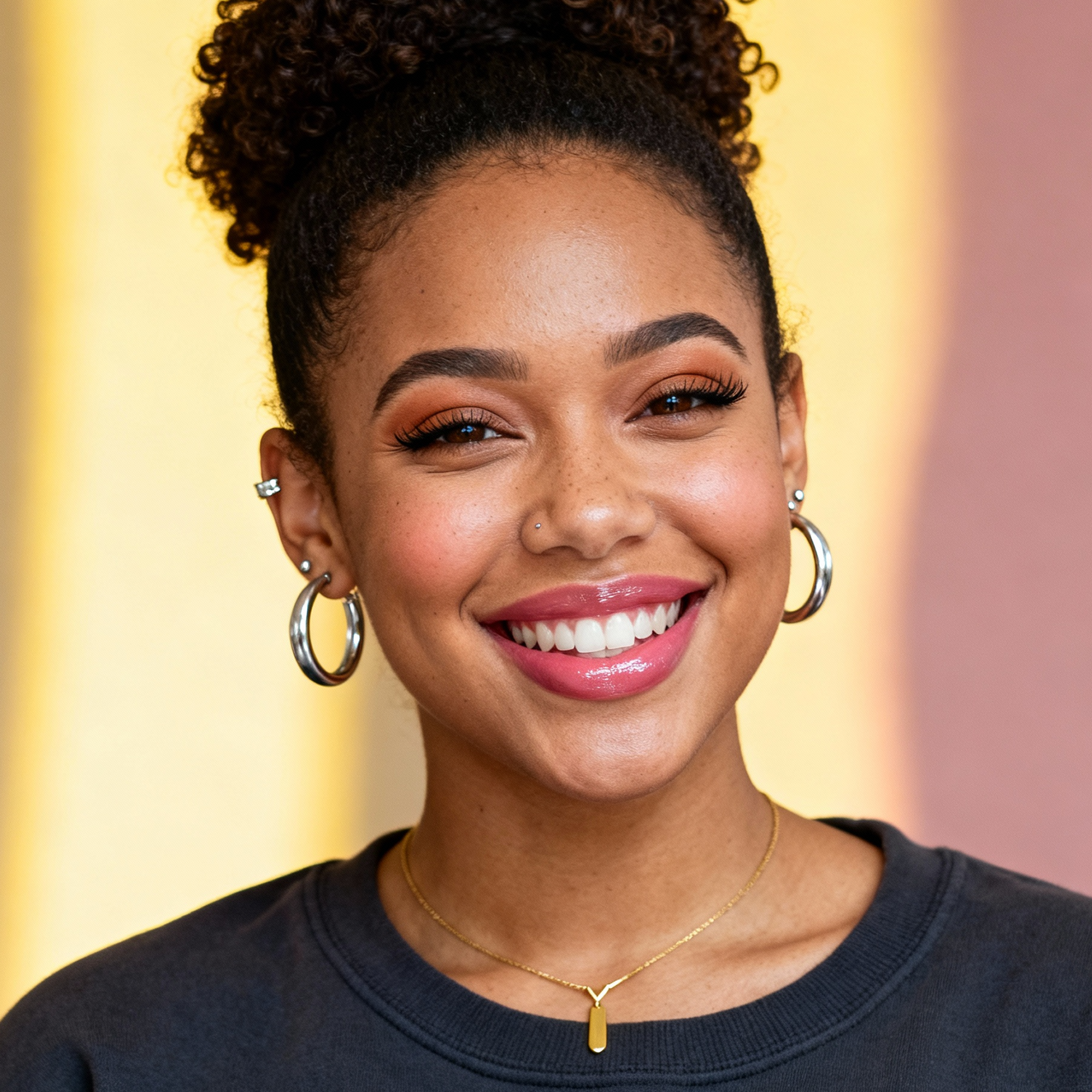 AI-generated portrait of a young woman with curly hair pulled back and hoop earrings, wearing a dark top, posed with a wide smile against a warm gradient background in bright lighting.