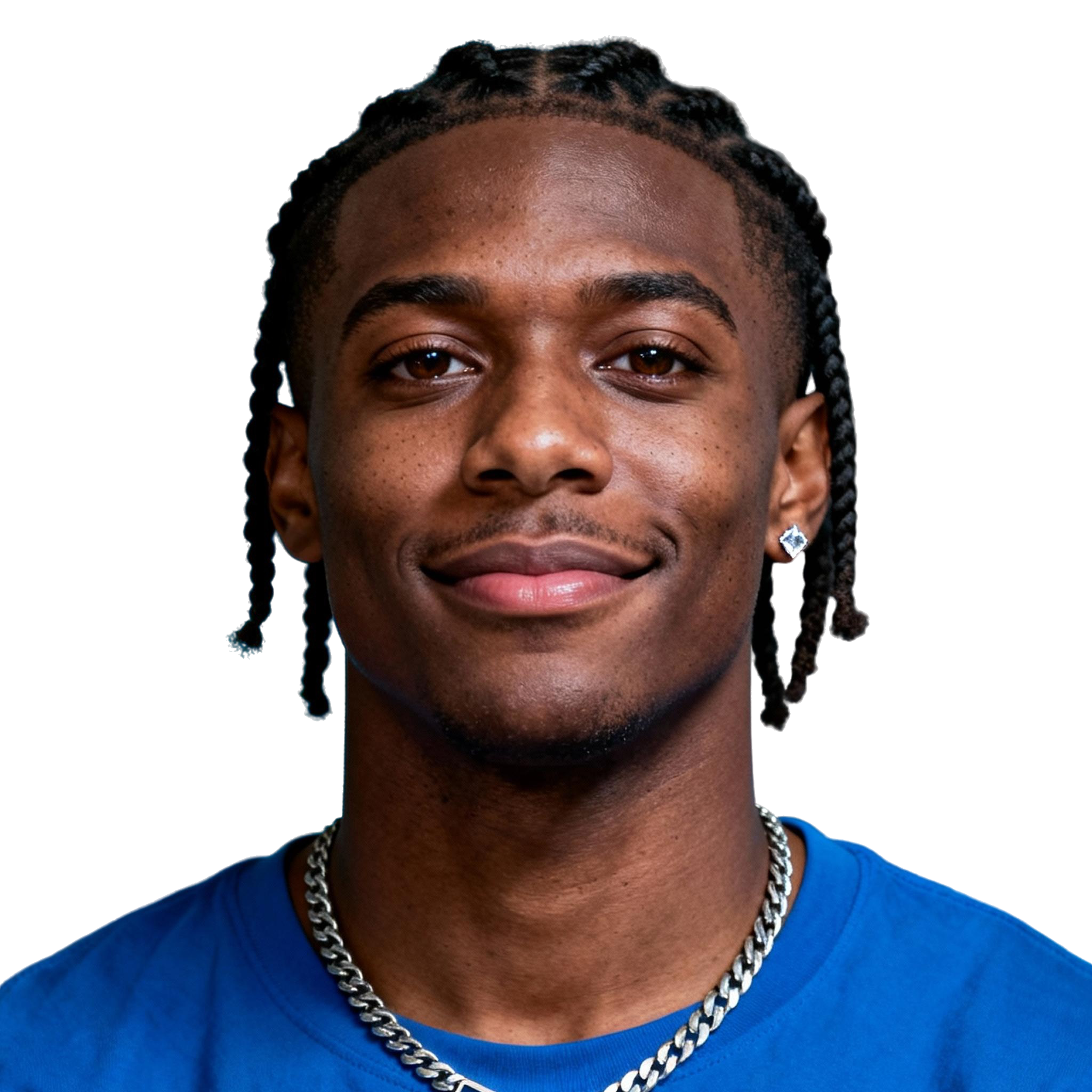 AI-generated portrait of a young man with braided hair and defined brows, wearing a blue top and chain necklace, posed with a relaxed smile against a transparent background in bright lighting.