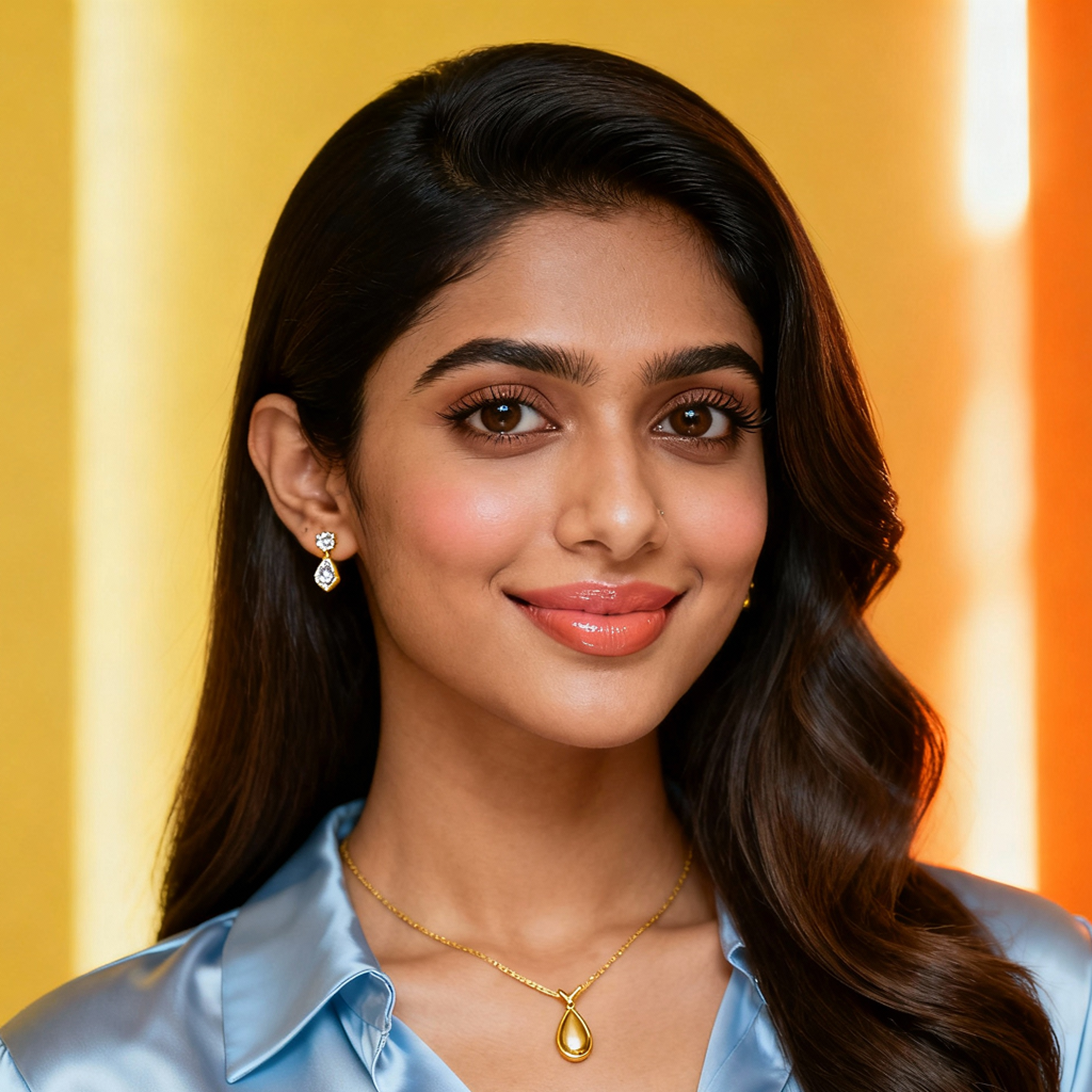 AI-generated portrait of a young woman with long styled hair and defined brows, wearing a silky top and delicate jewelry, posed with a soft smile against a warm gradient background in bright lighting.