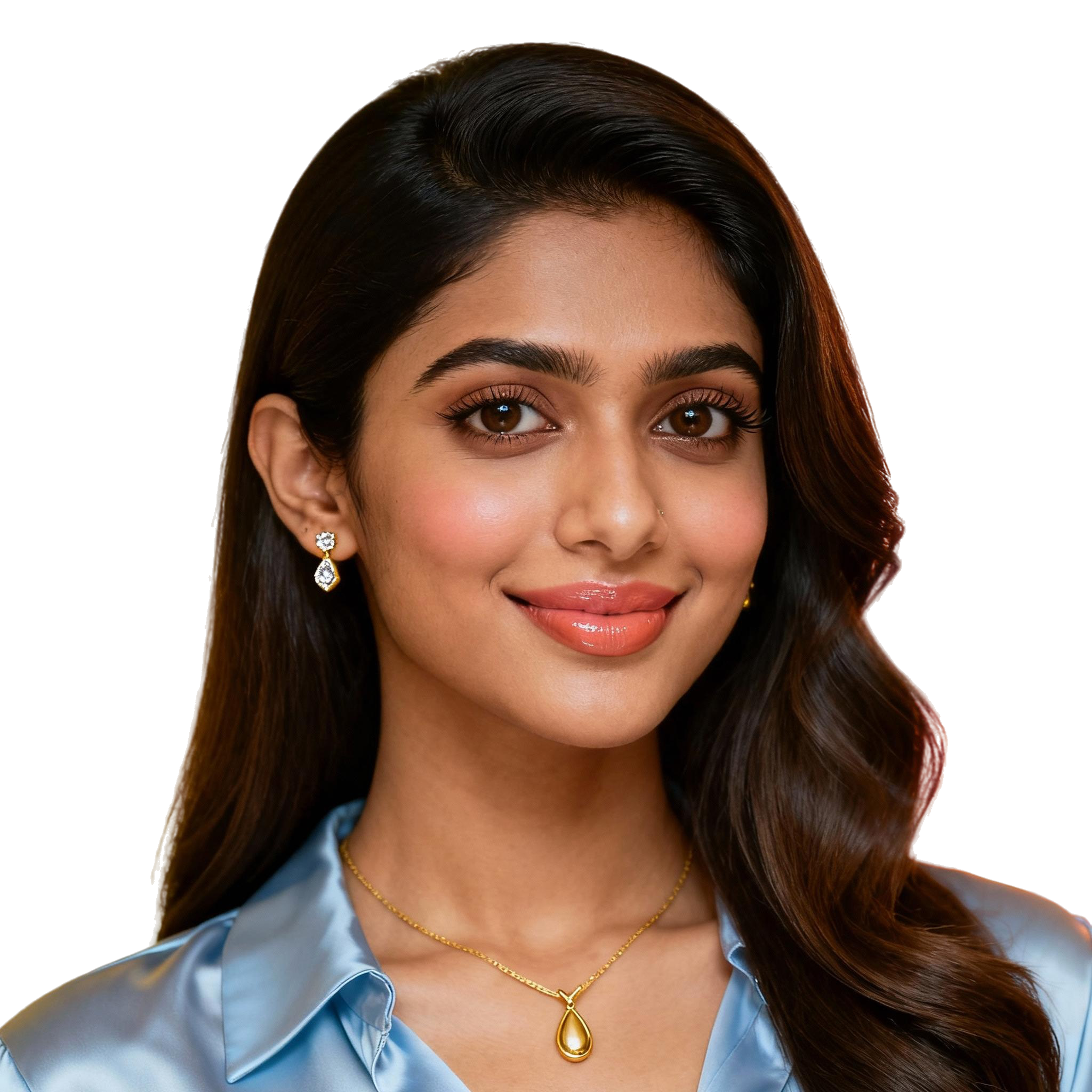 AI-generated portrait of a young woman with long styled hair and defined brows, wearing a silky top and delicate jewelry, posed with a soft smile against a transparent background in bright lighting.