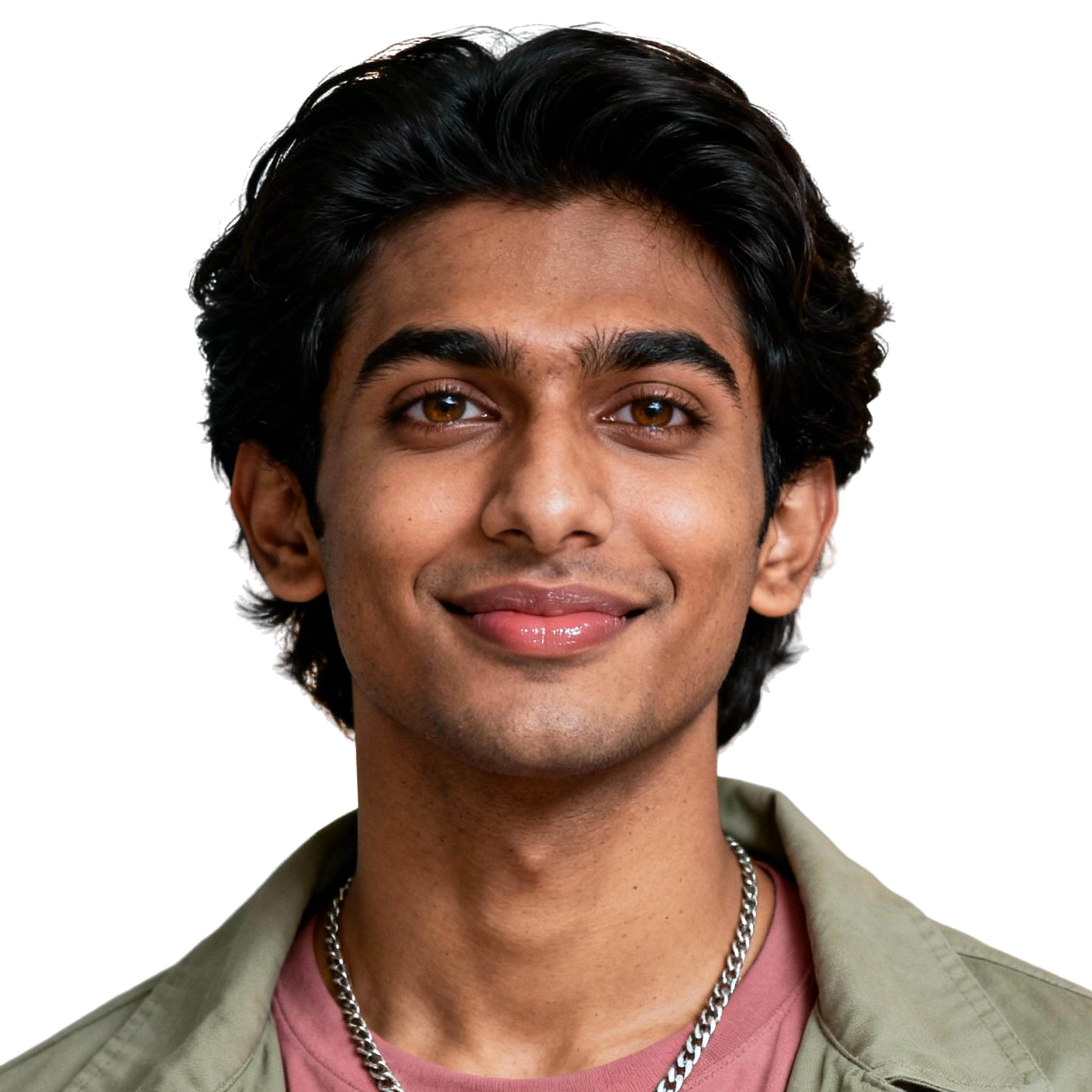 AI-generated portrait of a young man with medium-length hair and thick brows, wearing a casual jacket and necklace, posed with a soft smile against a transparent background in bright lighting.
