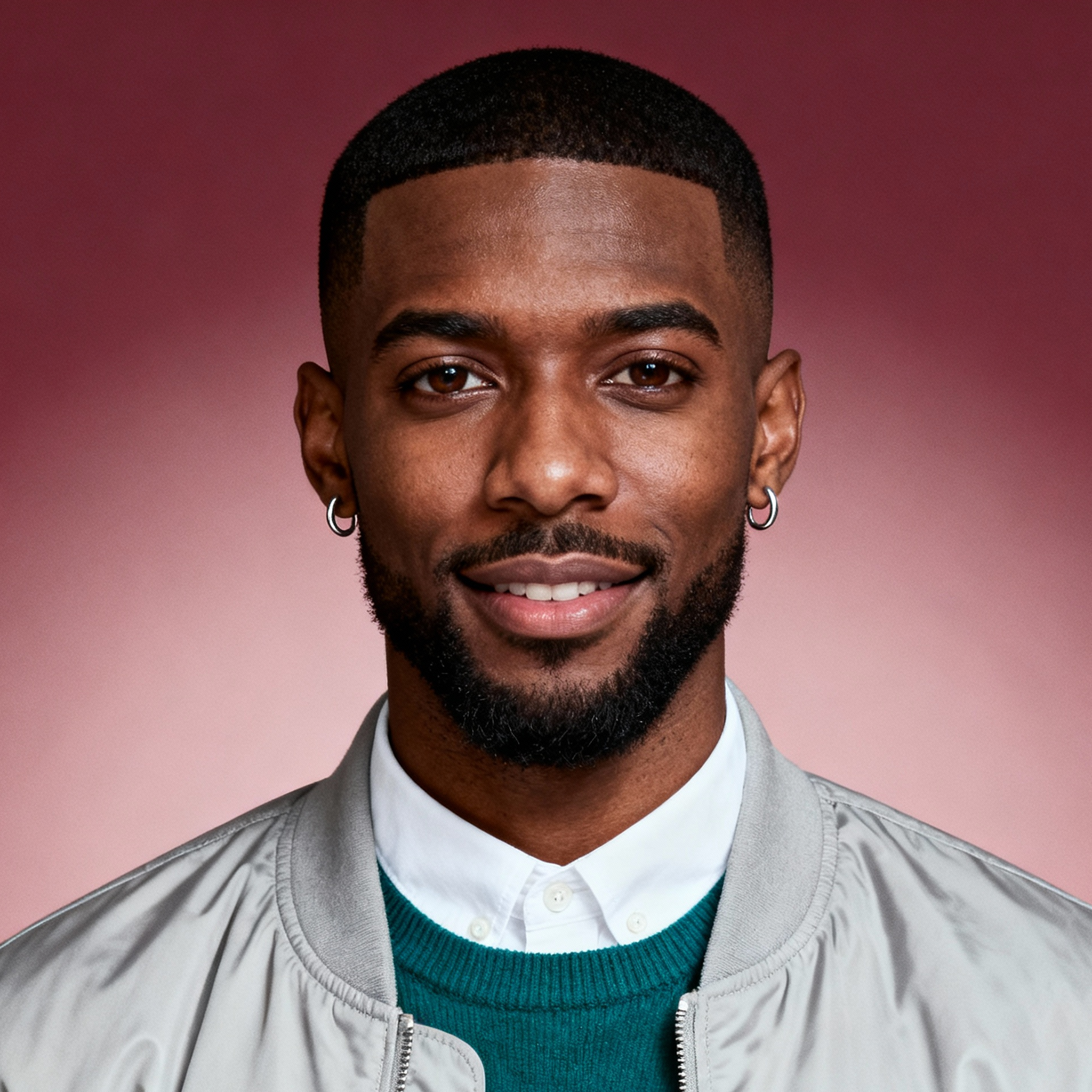 AI-generated portrait of a young man with short hair and trimmed beard, wearing a bomber jacket over a collared shirt and sweater, posed with a relaxed smile against a muted red studio background in soft light.