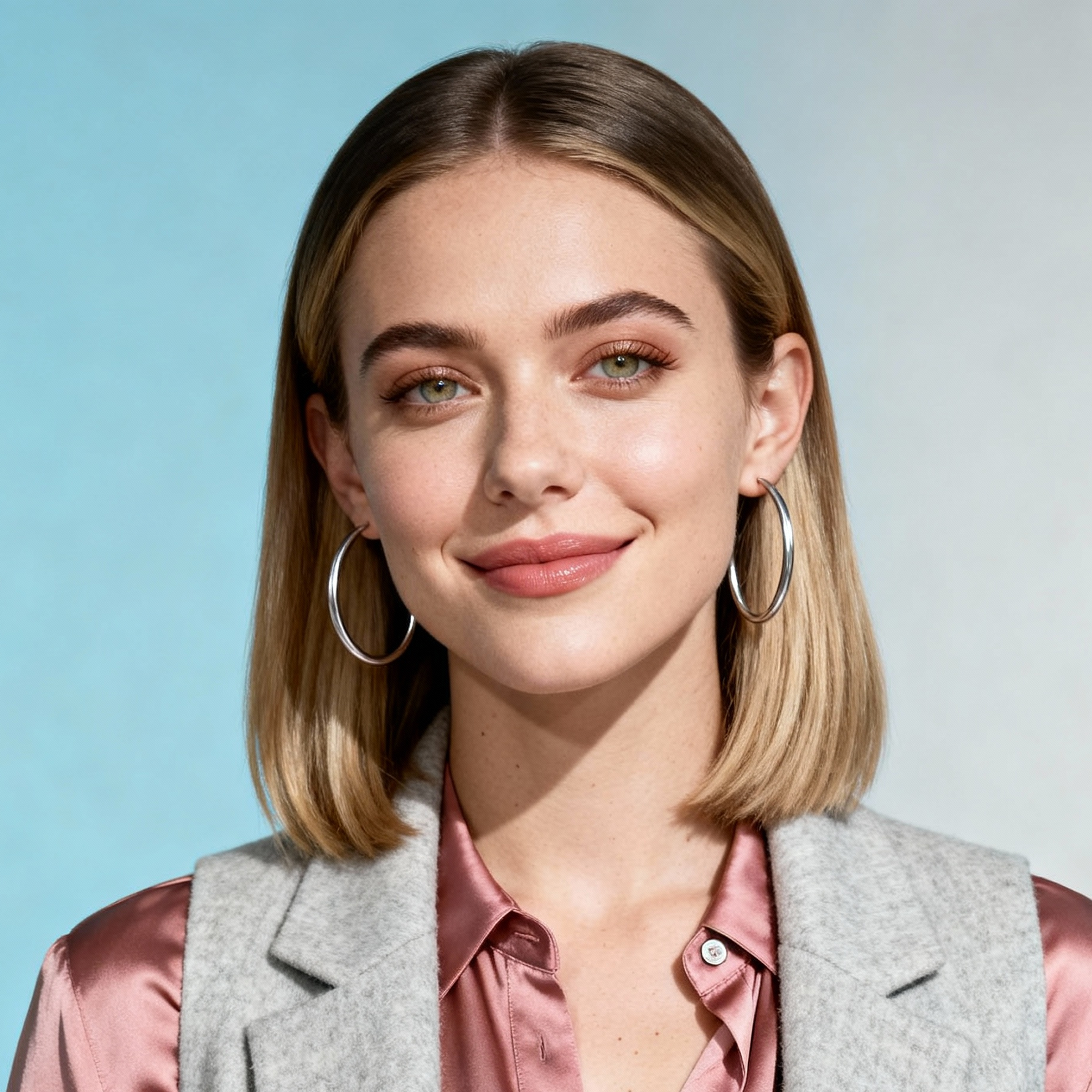 AI-generated portrait of a young woman with shoulder-length hair, wearing a blouse and tailored vest with hoop earrings, posed with a gentle smile against a light blue studio background in even light.