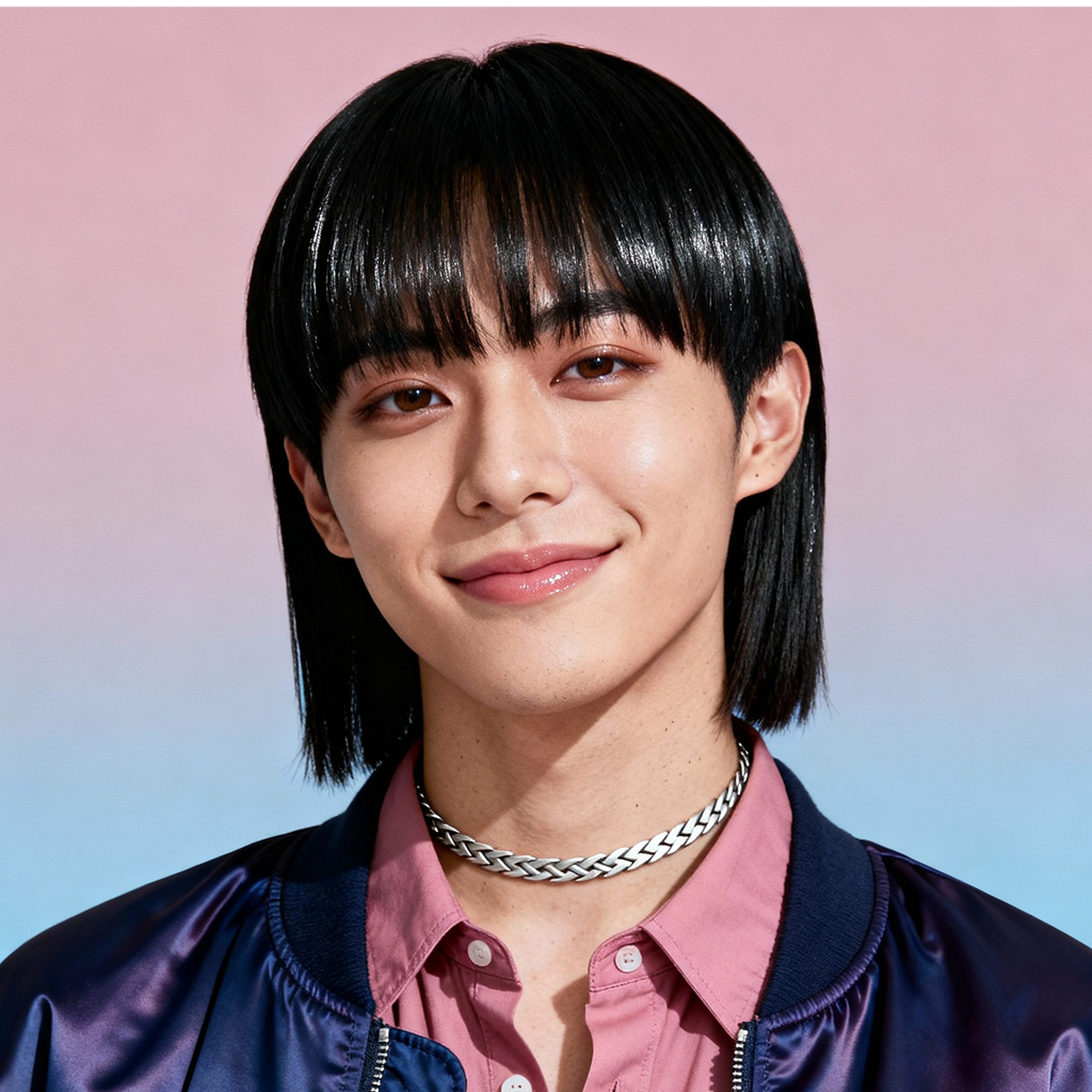 AI-generated portrait of a young person with a straight bob haircut and bangs, wearing a collared shirt, jacket, and chain necklace, posed with a calm expression against a soft pink studio background in even light.