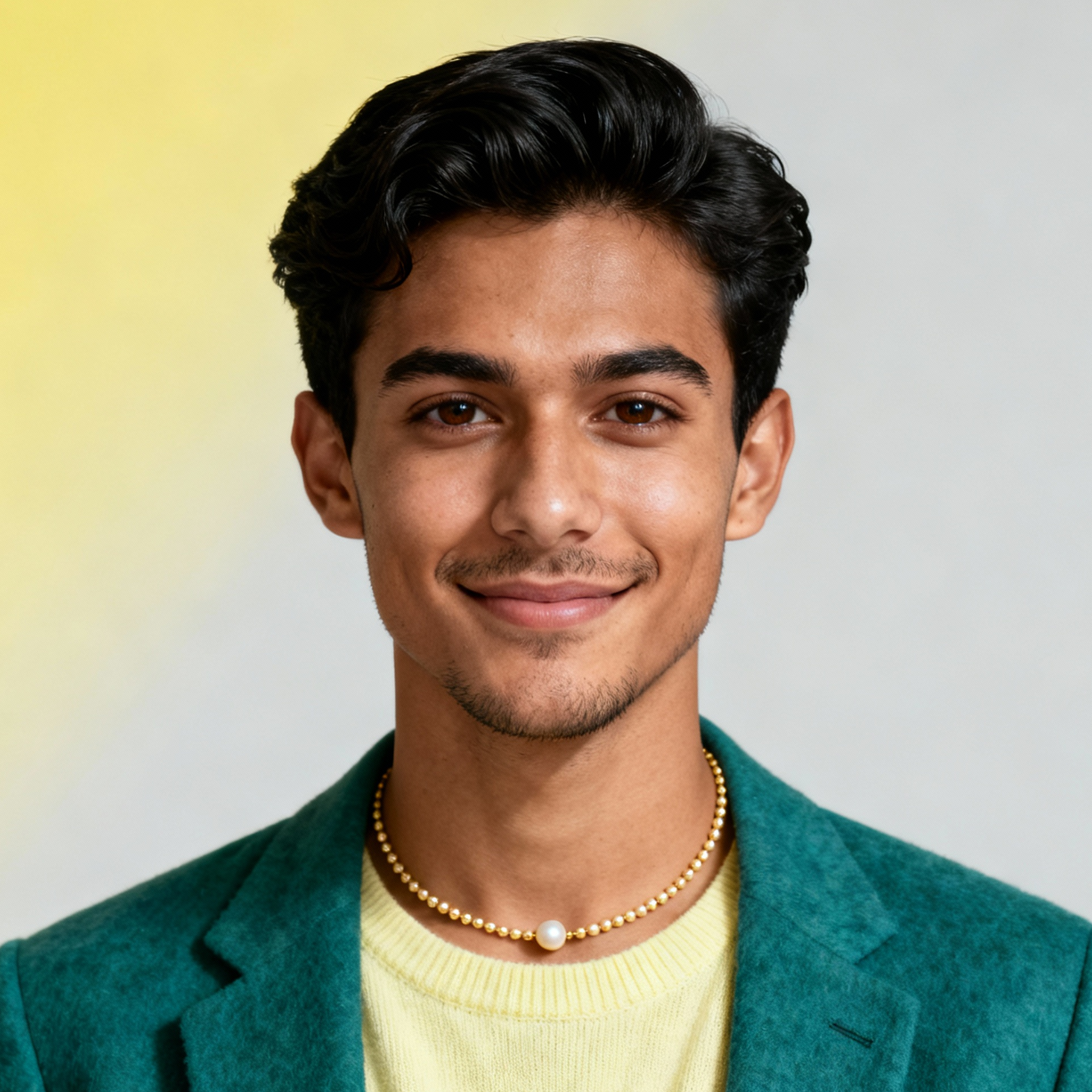 AI-generated portrait of a young man with short styled hair and light facial hair, wearing a blazer over a knit top with a necklace, posed with a soft smile against a light gradient studio background in even light.