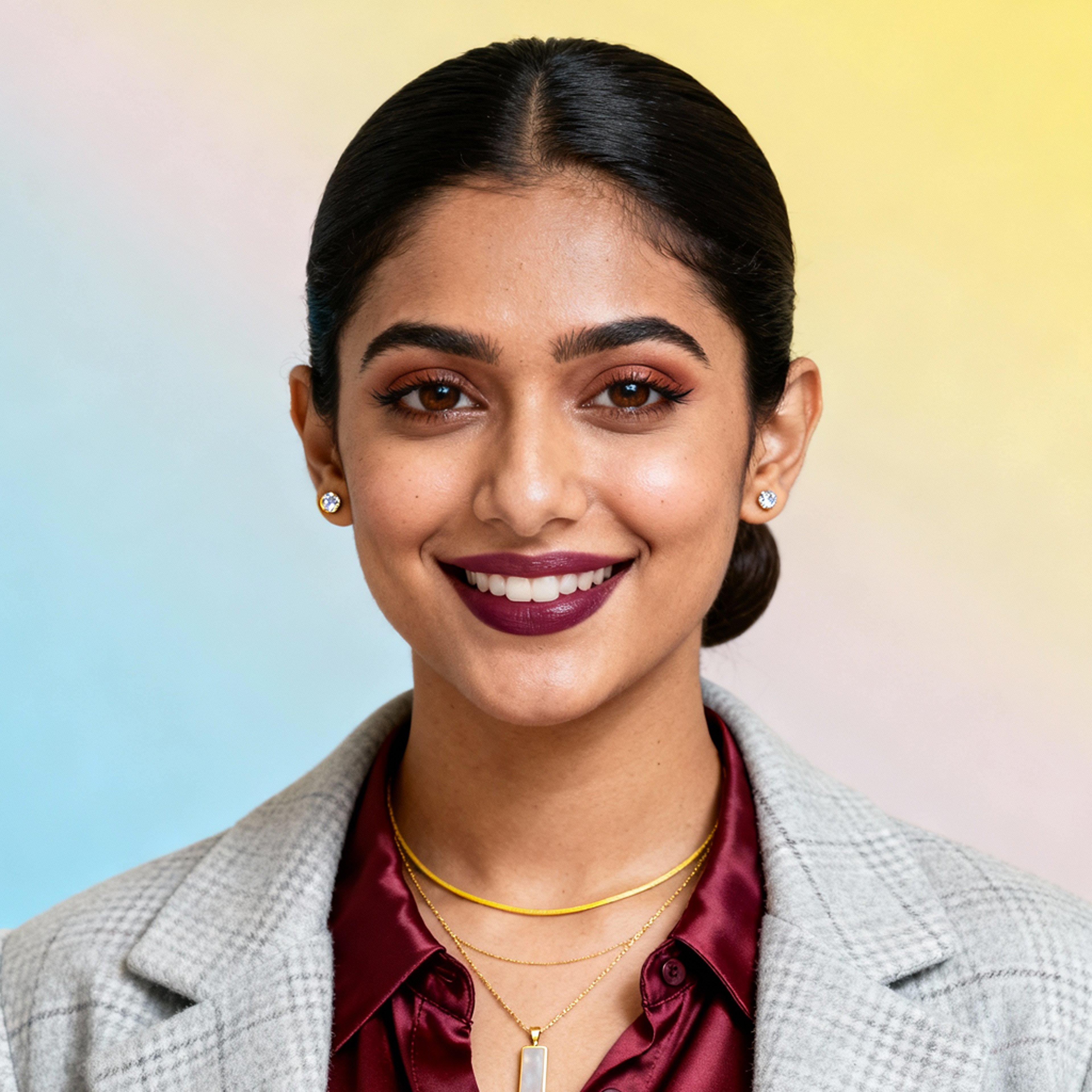 AI-generated portrait of a young woman with hair tied back, wearing a blazer over a satin blouse with layered necklaces, posed with a confident smile against a soft gradient studio background in even light.