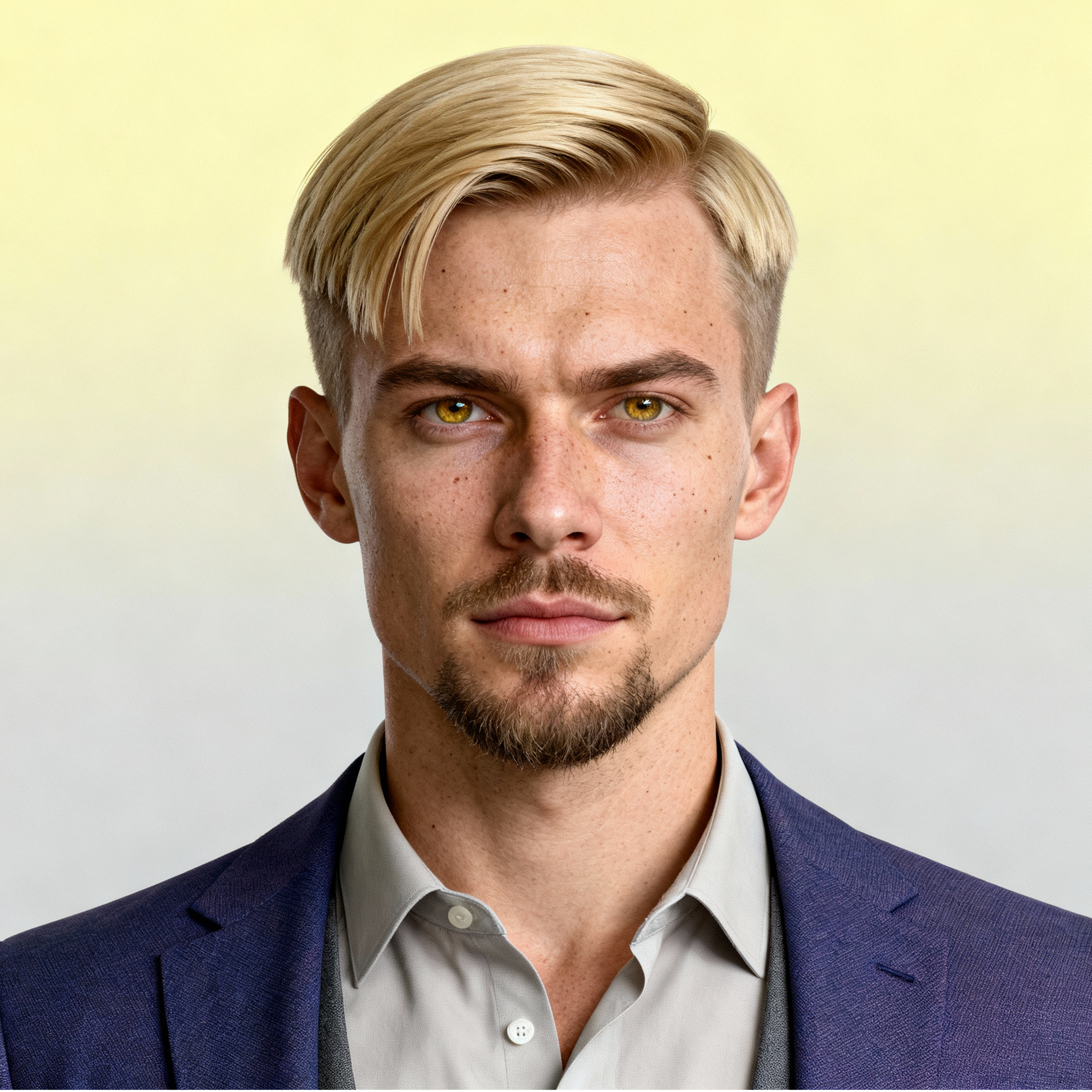 AI-generated portrait of a young man with short blond hair and trimmed facial hair, wearing a blazer over a collared shirt, posed with a neutral expression against a light gradient studio background in even light.