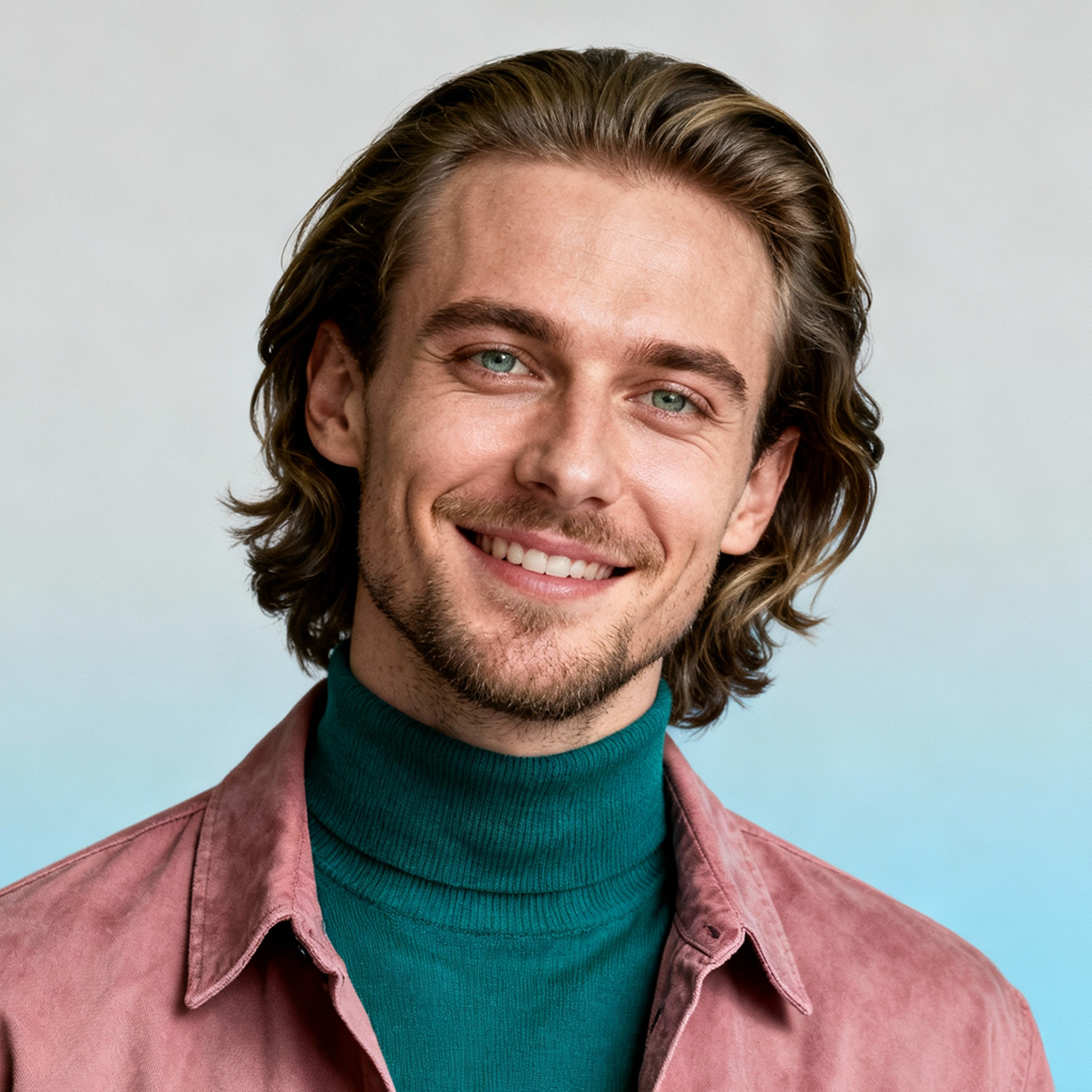 AI-generated portrait of a young man with shoulder-length wavy hair and light facial hair, wearing a turtleneck under a casual jacket, posed with a warm smile against a soft blue studio background in even light.